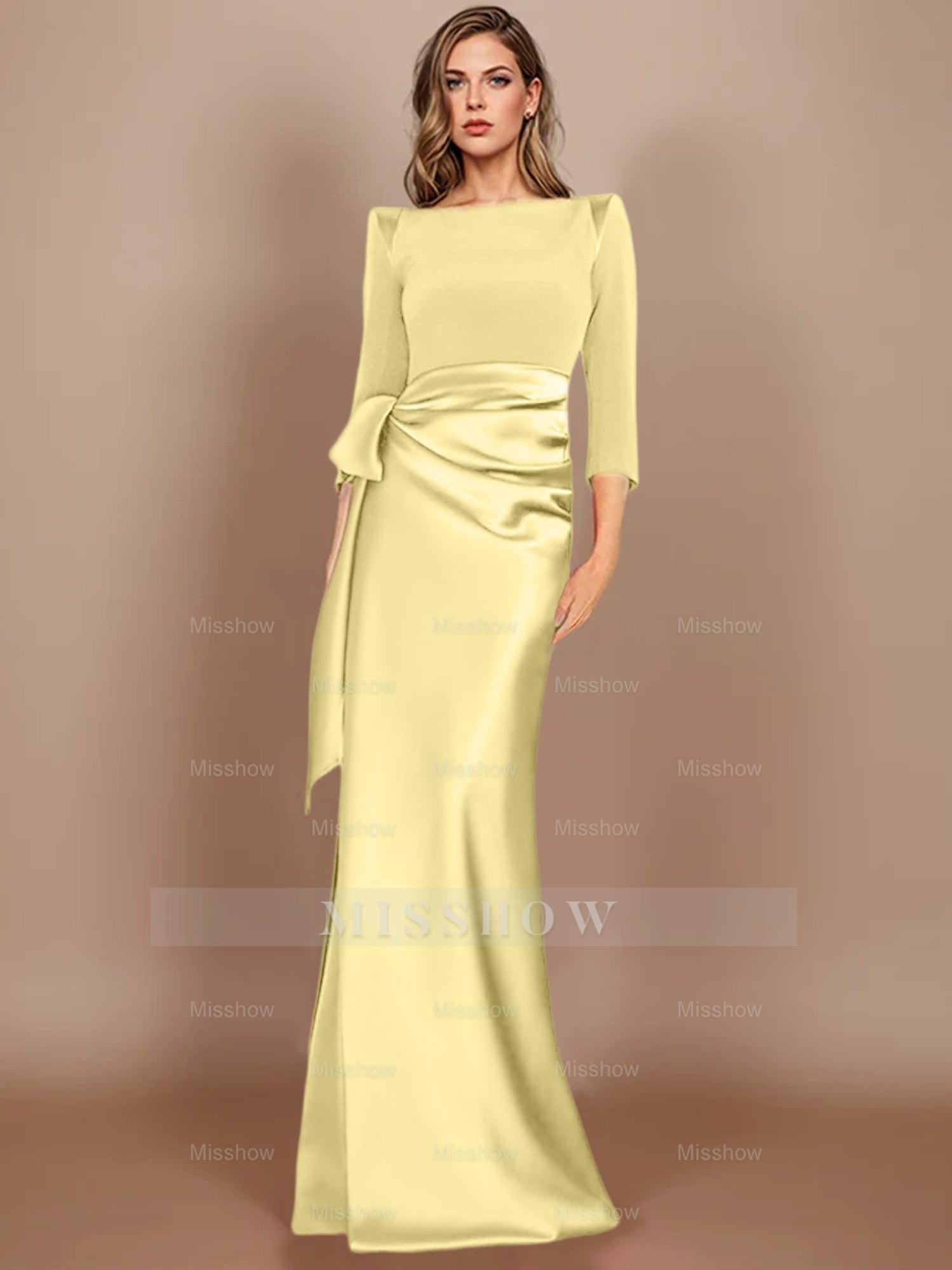 Floor-Length Mother of the Bride Dress with Bow and 3/4 Sleeves in Sheath/Column Style