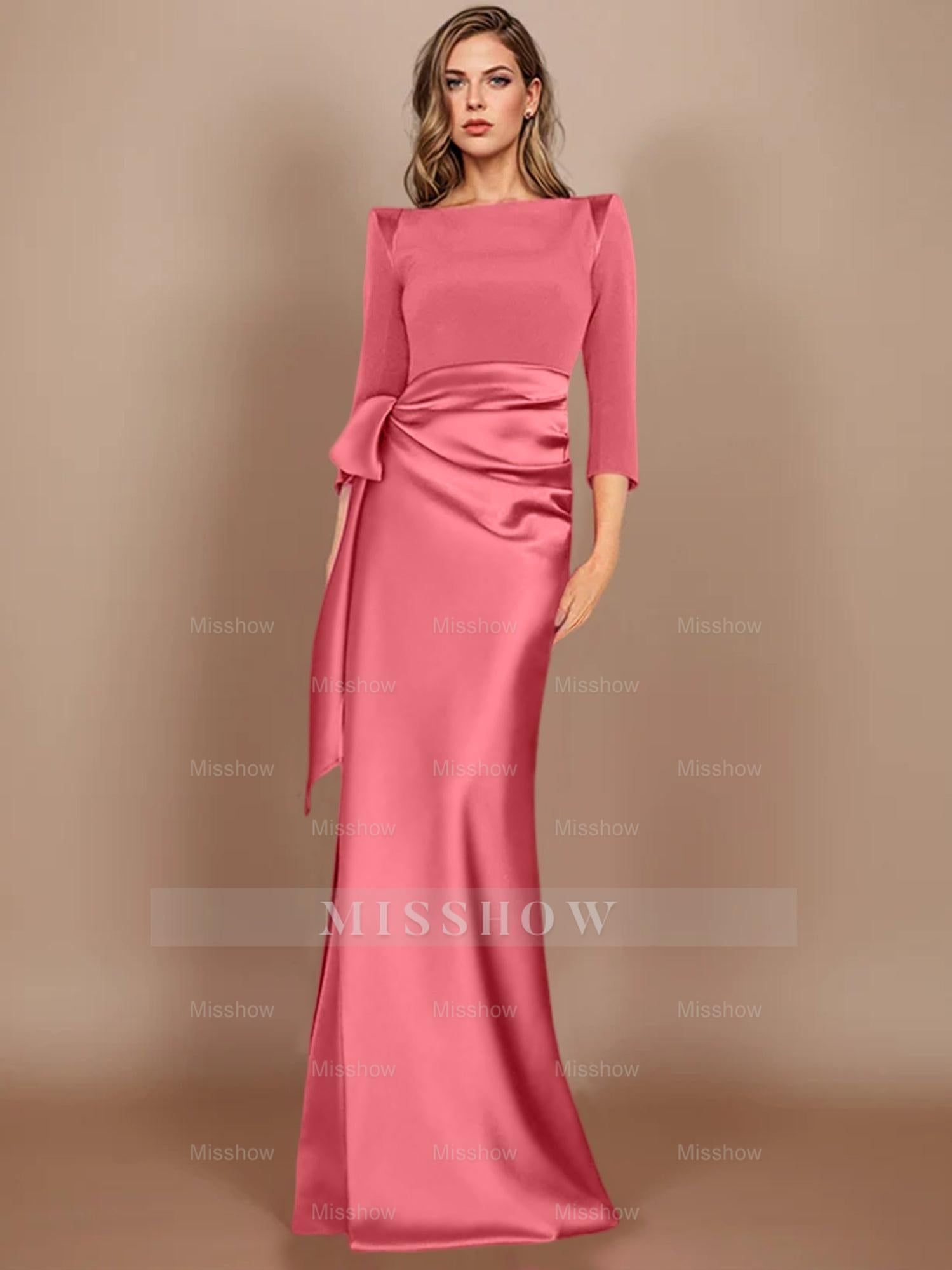 Floor-Length Mother of the Bride Dress with Bow and 3/4 Sleeves in Sheath/Column Style