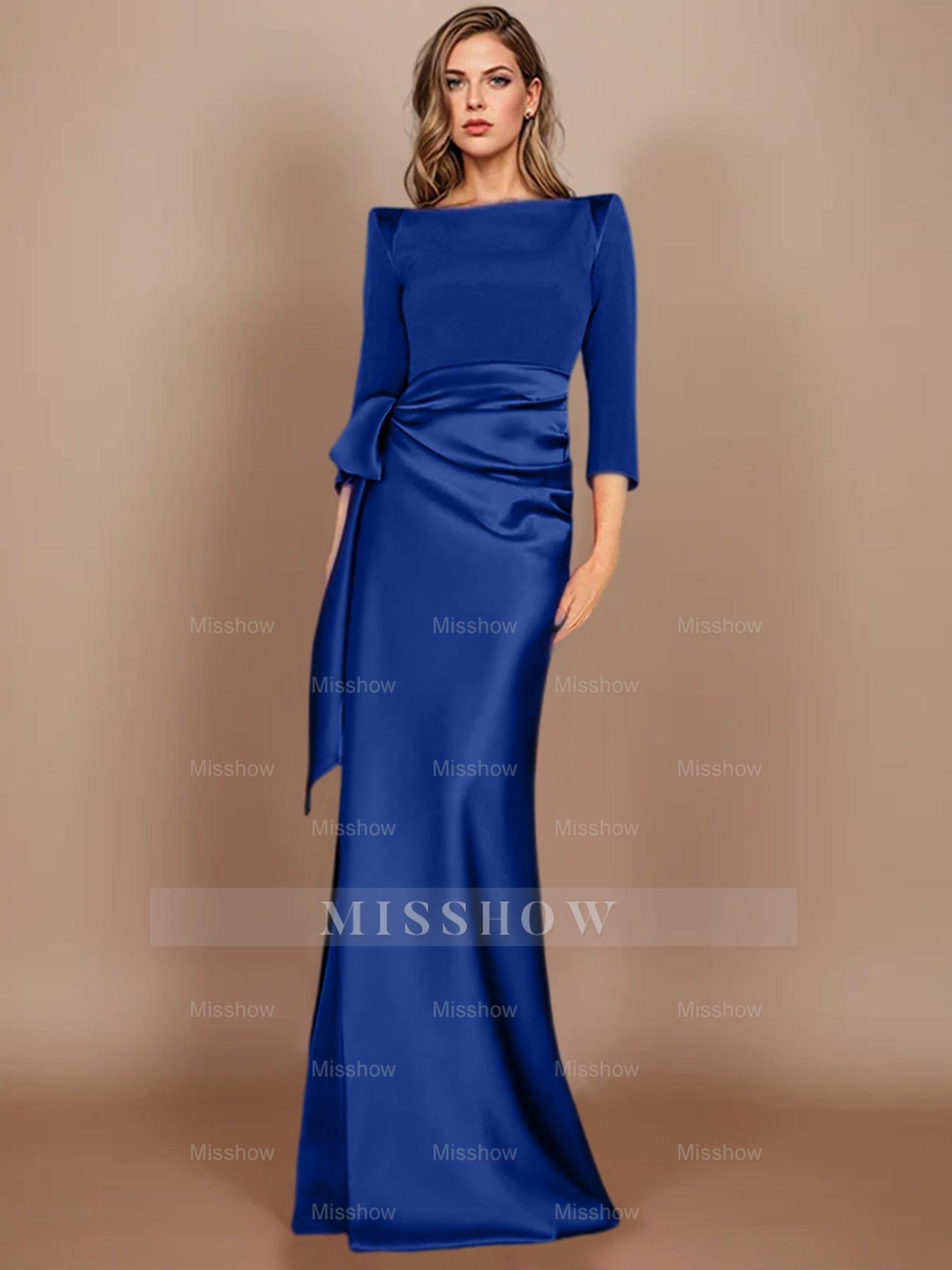 Floor-Length Mother of the Bride Dress with Bow and 3/4 Sleeves in Sheath/Column Style