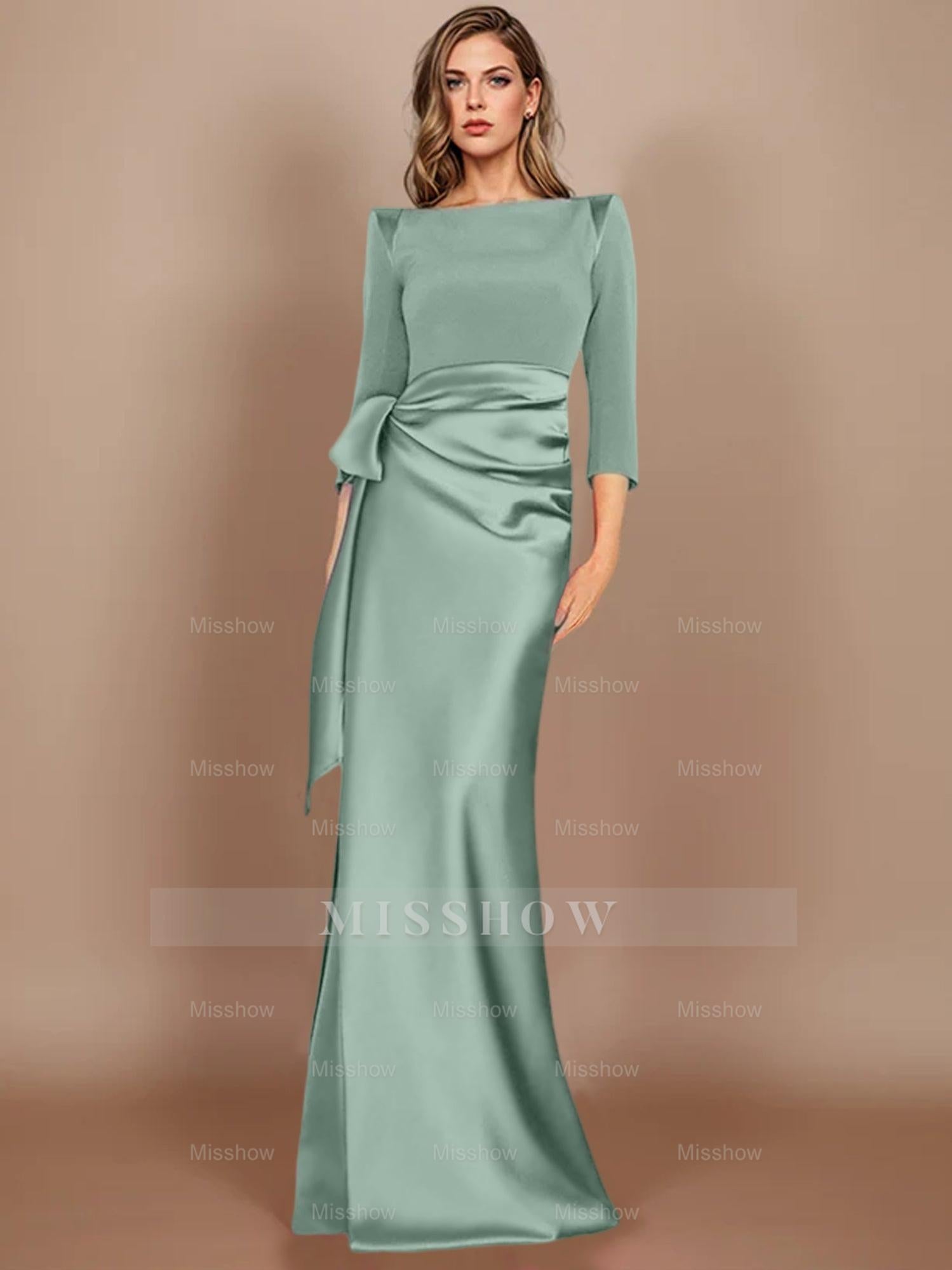 Floor-Length Mother of the Bride Dress with Bow and 3/4 Sleeves in Sheath/Column Style