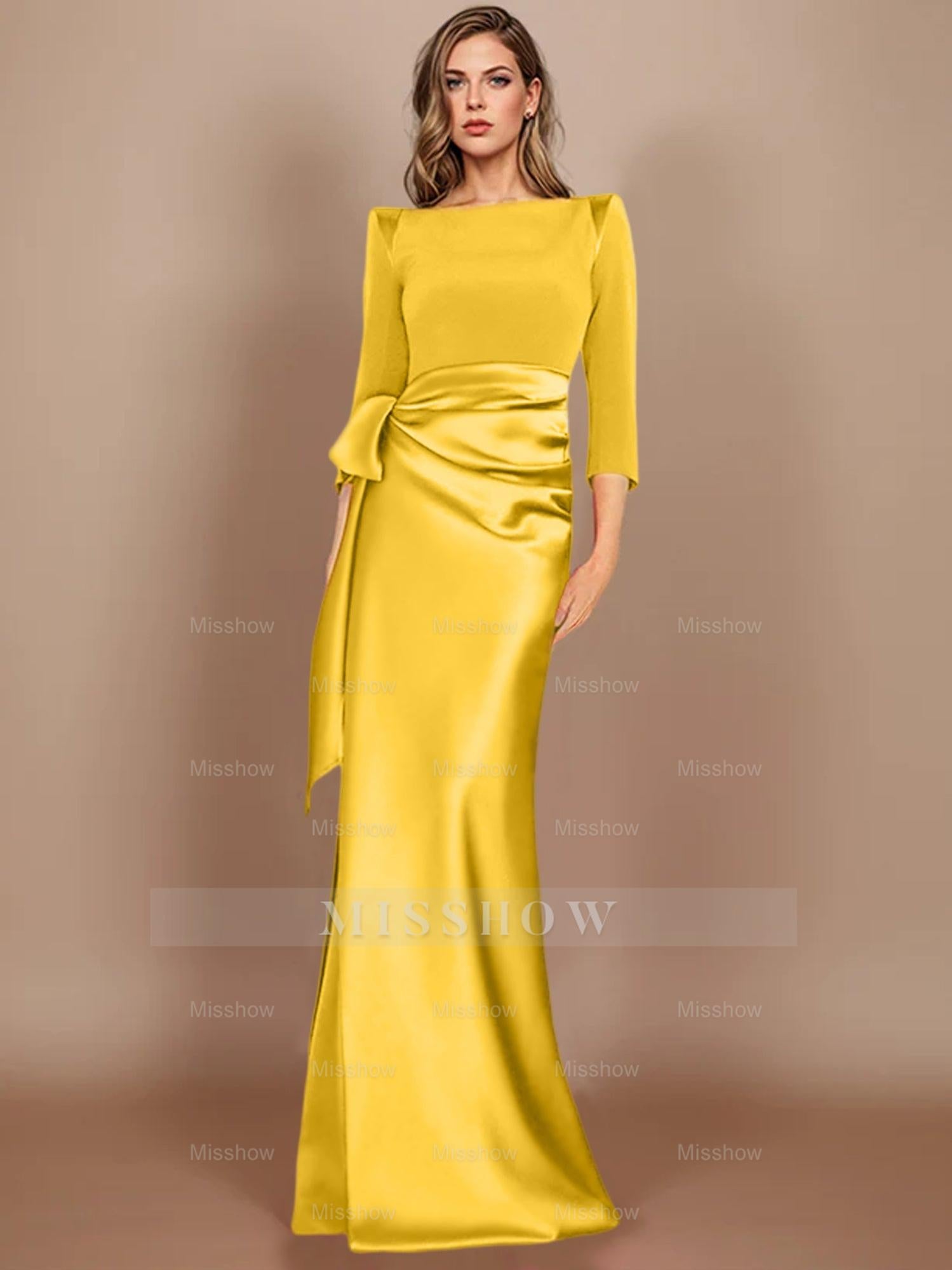 Floor-Length Mother of the Bride Dress with Bow and 3/4 Sleeves in Sheath/Column Style