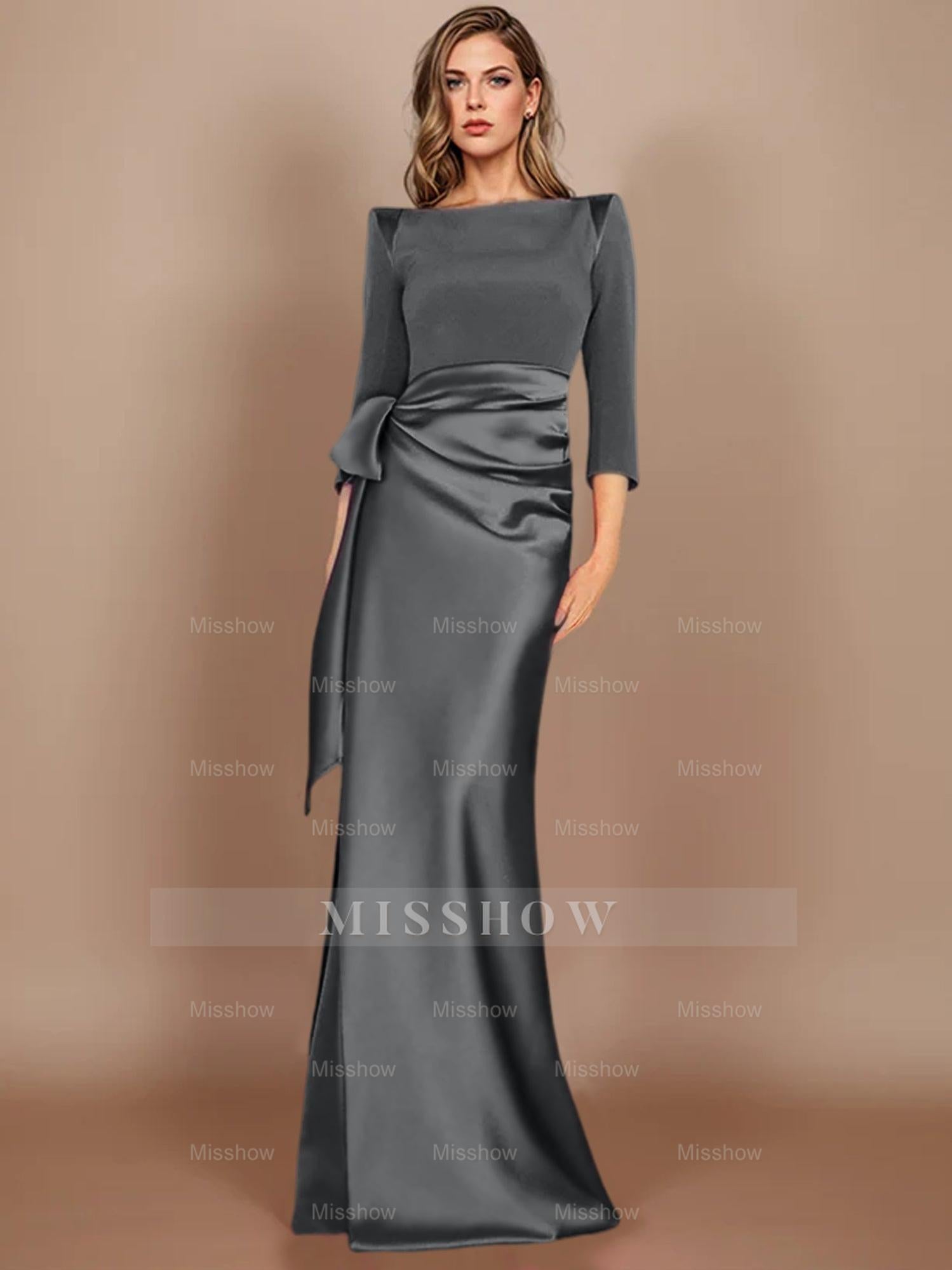 Floor-Length Mother of the Bride Dress with Bow and 3/4 Sleeves in Sheath/Column Style