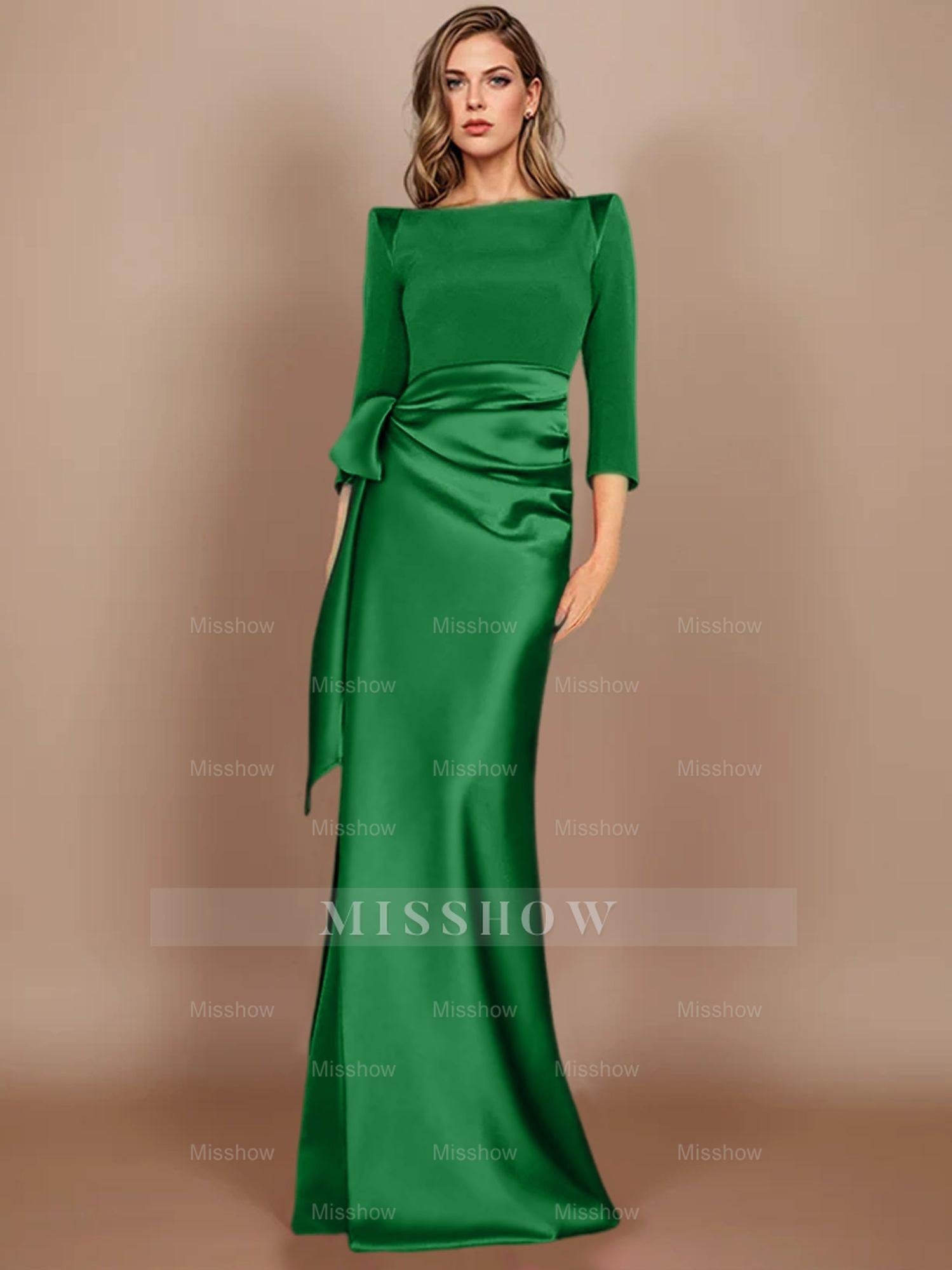 Floor-Length Mother of the Bride Dress with Bow and 3/4 Sleeves in Sheath/Column Style