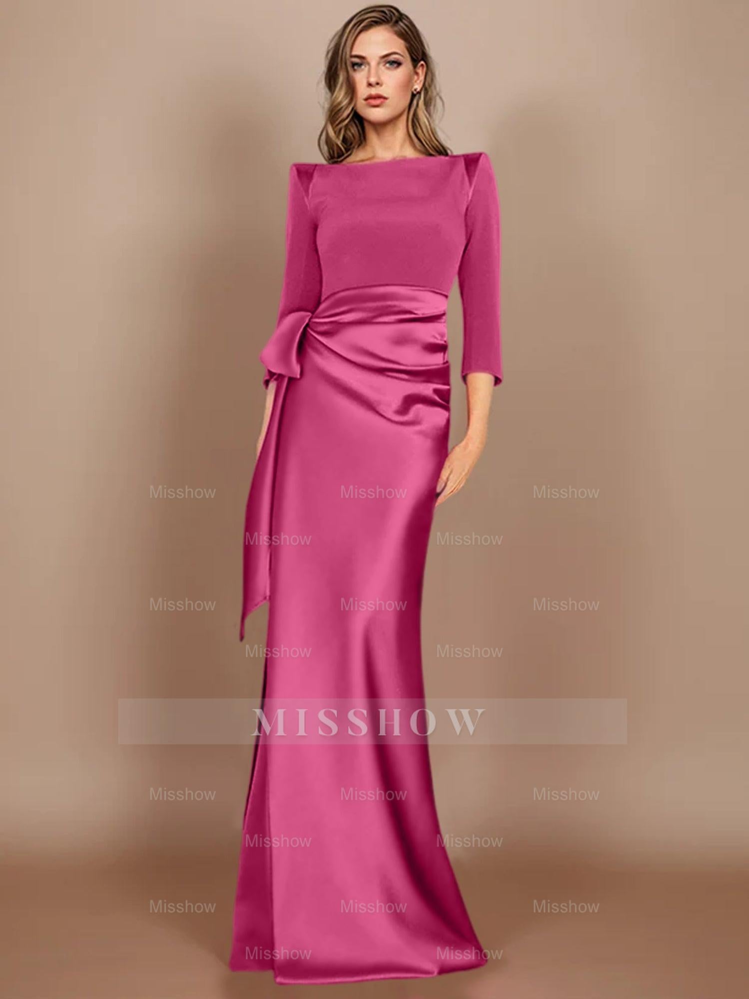Floor-Length Mother of the Bride Dress with Bow and 3/4 Sleeves in Sheath/Column Style