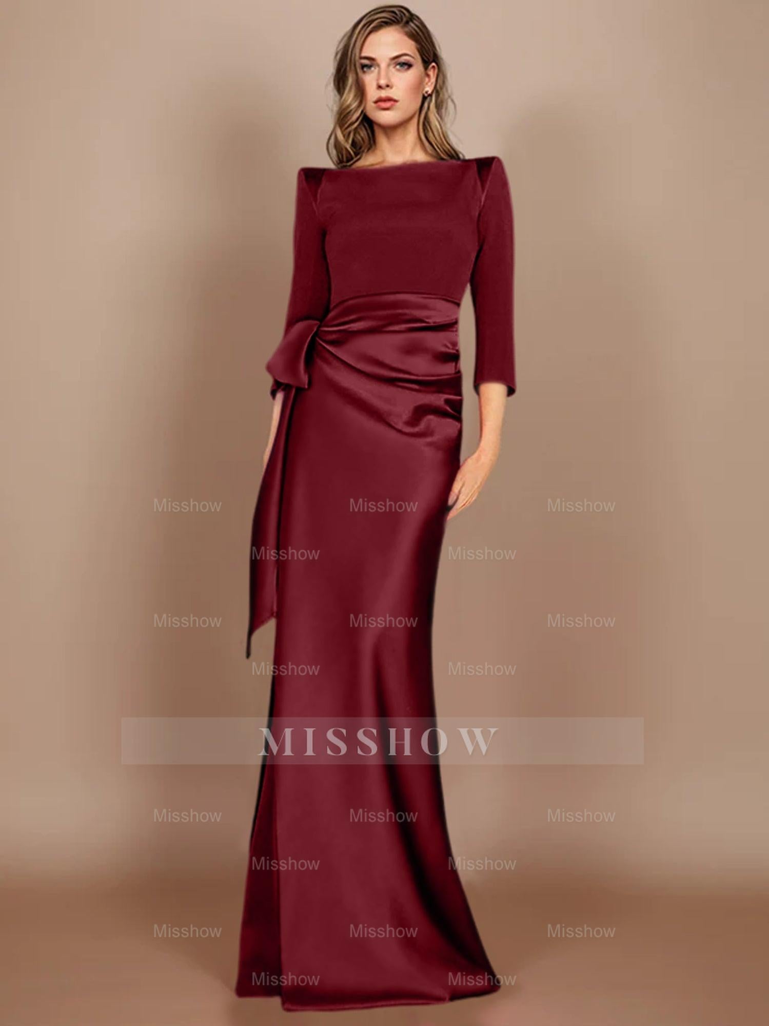 Floor-Length Mother of the Bride Dress with Bow and 3/4 Sleeves in Sheath/Column Style