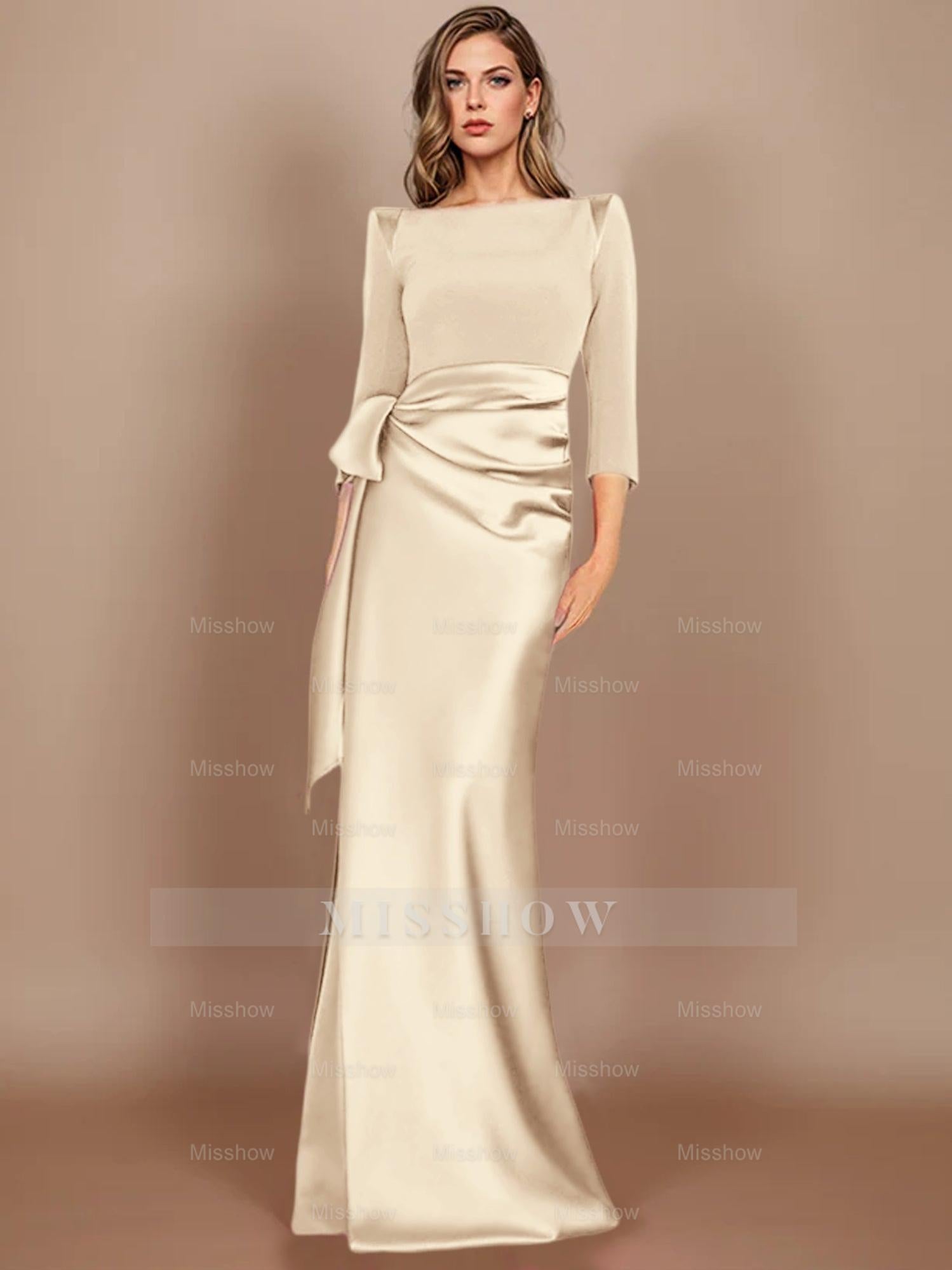 Floor-Length Mother of the Bride Dress with Bow and 3/4 Sleeves in Sheath/Column Style