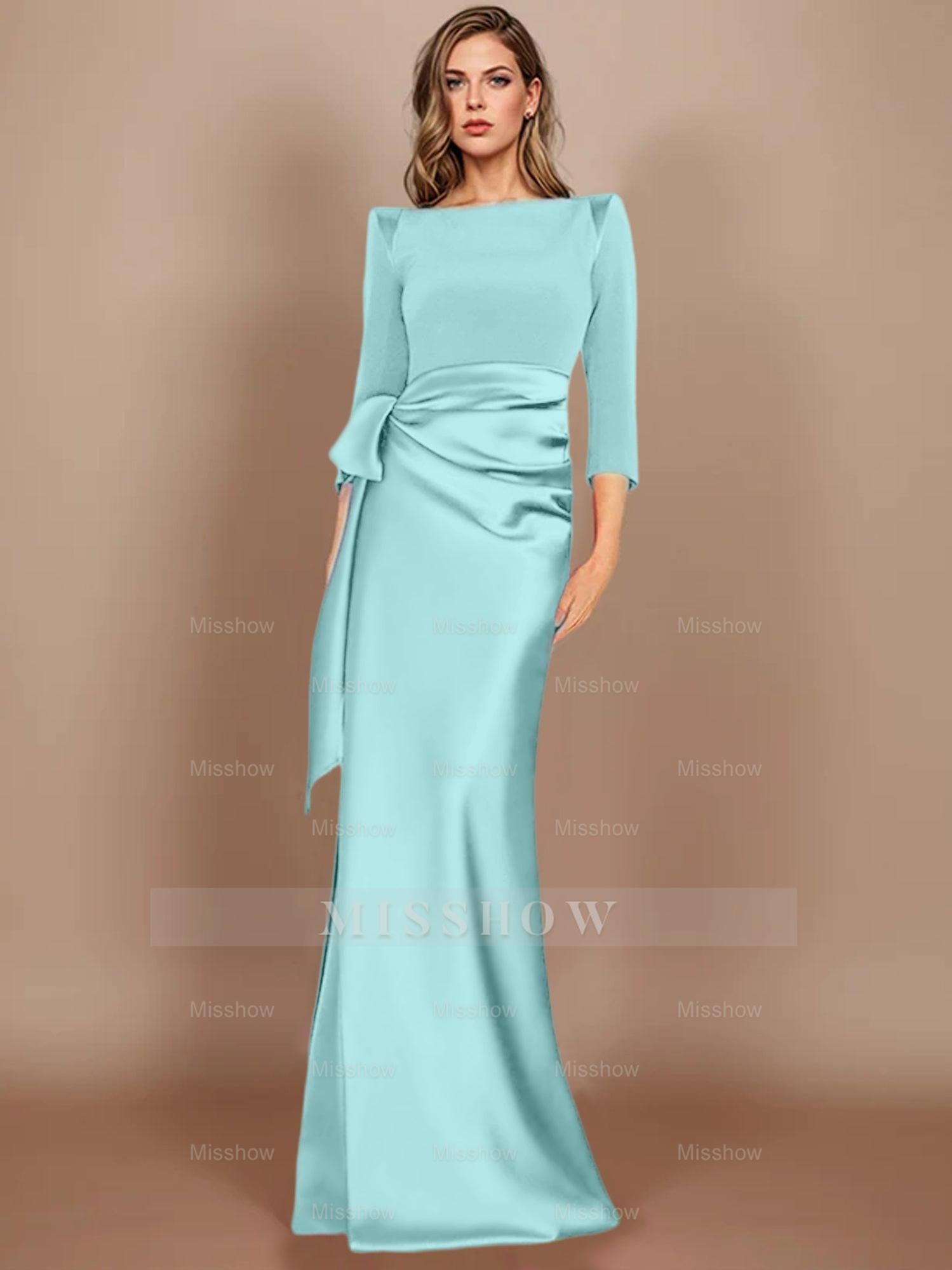 Floor-Length Mother of the Bride Dress with Bow and 3/4 Sleeves in Sheath/Column Style