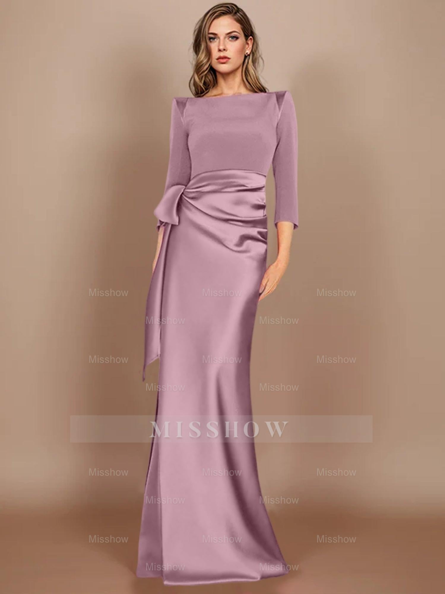 Floor-Length Mother of the Bride Dress with Bow and 3/4 Sleeves in Sheath/Column Style