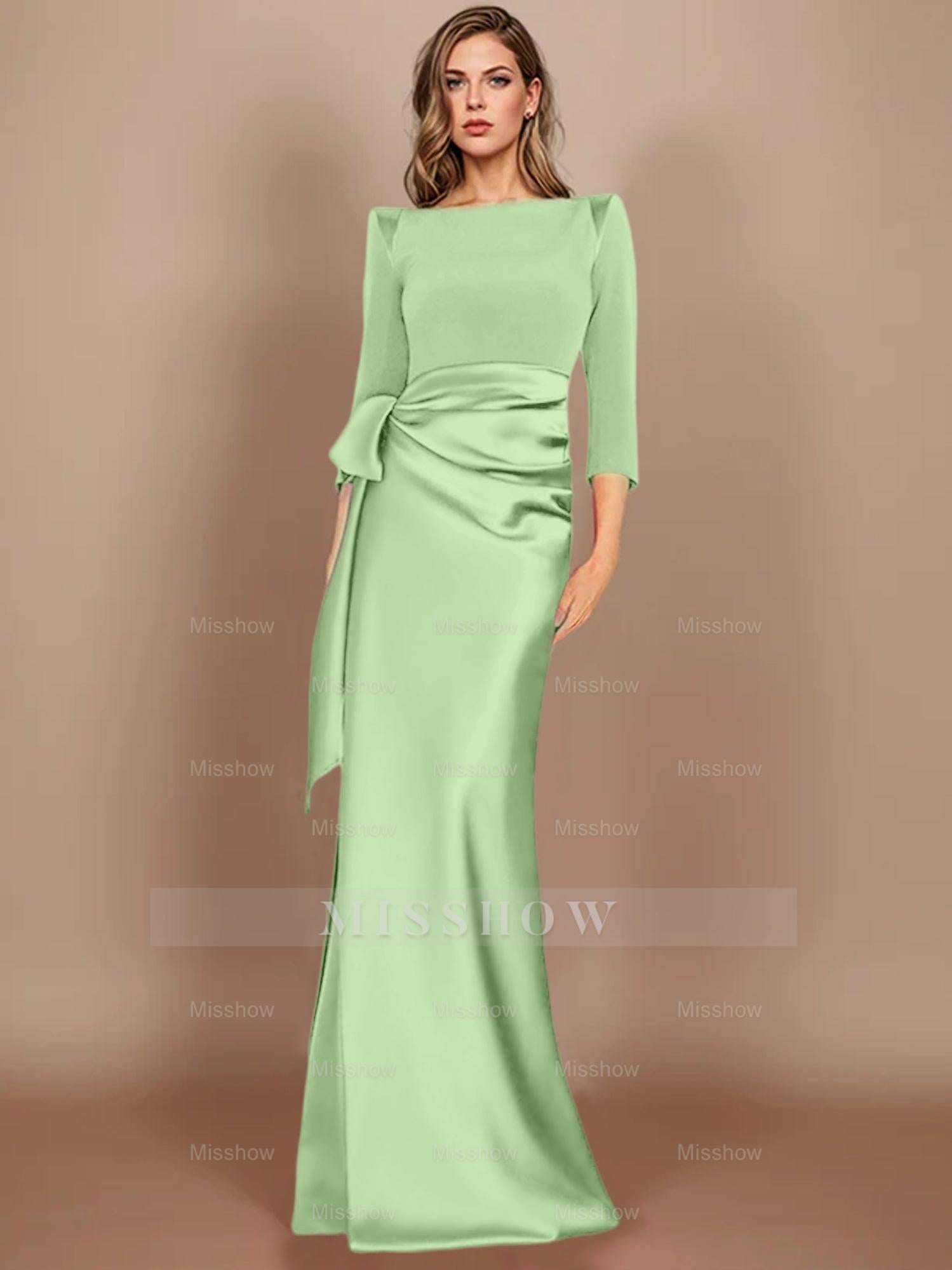 Floor-Length Mother of the Bride Dress with Bow and 3/4 Sleeves in Sheath/Column Style