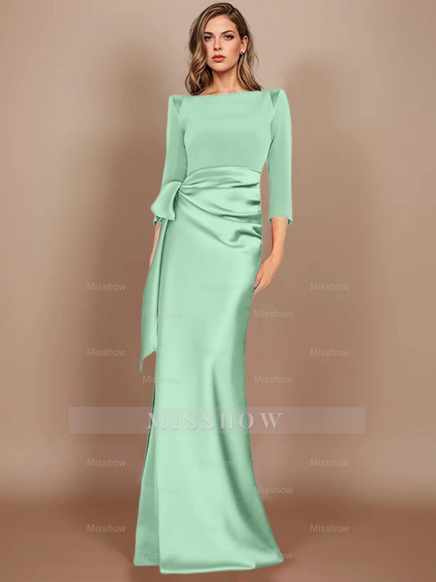Floor-Length Mother of the Bride Dress with Bow and 3/4 Sleeves in Sheath/Column Style
