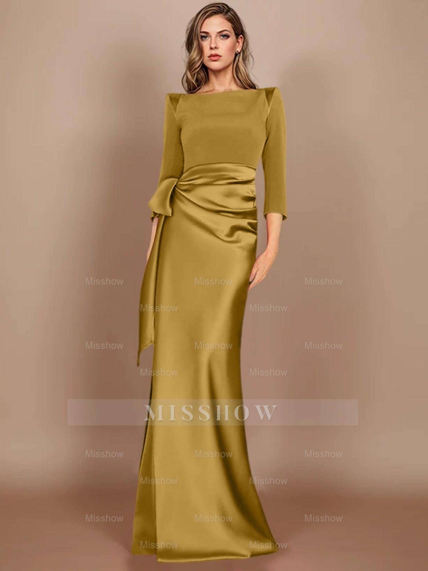 Floor-Length Mother of the Bride Dress with Bow and 3/4 Sleeves in Sheath/Column Style