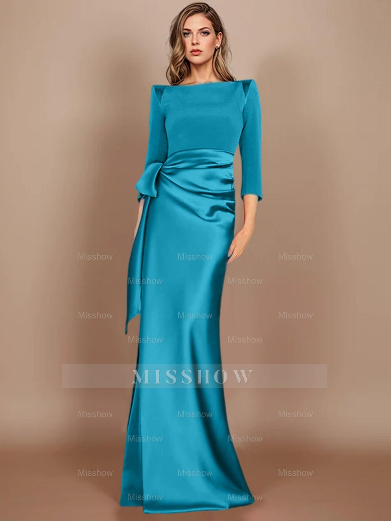 Floor-Length Mother of the Bride Dress with Bow and 3/4 Sleeves in Sheath/Column Style