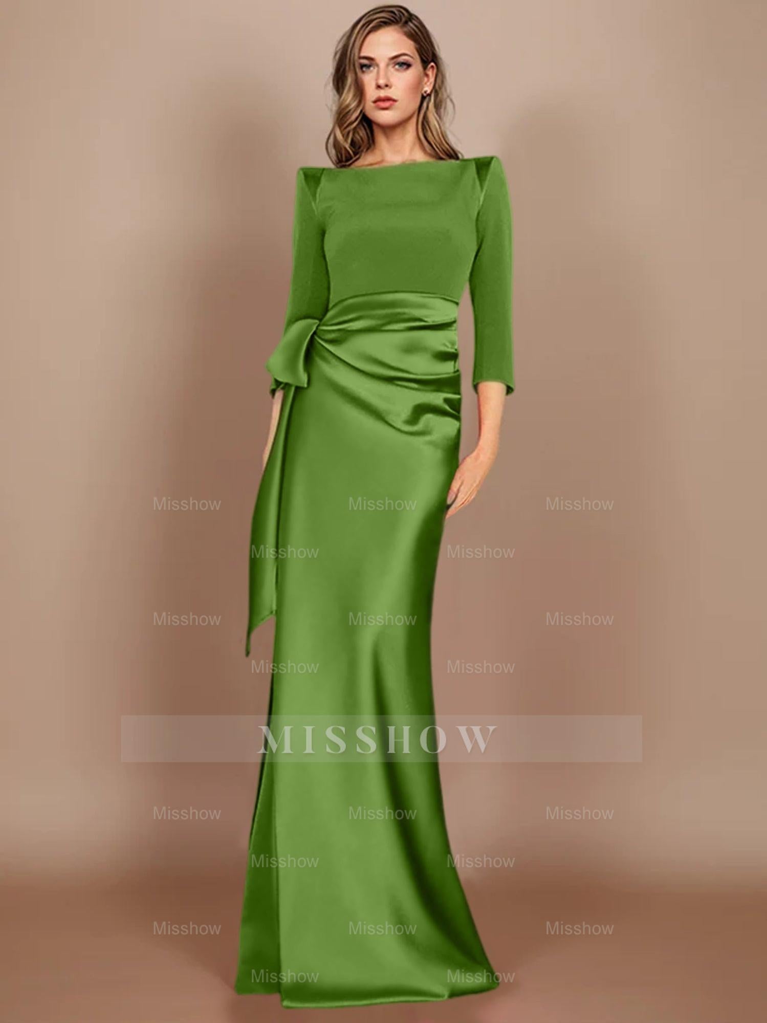 Floor-Length Mother of the Bride Dress with Bow and 3/4 Sleeves in Sheath/Column Style
