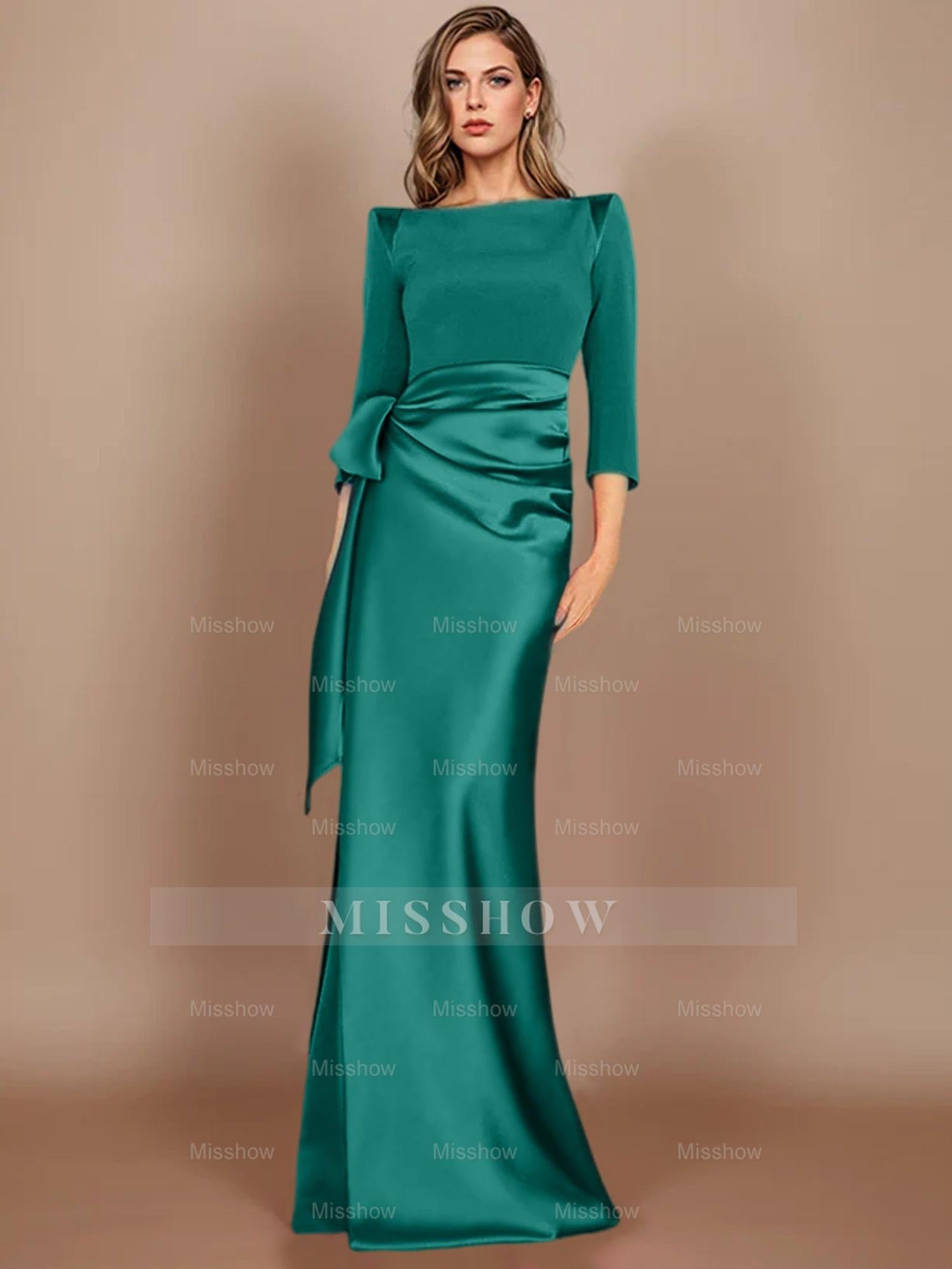 Floor-Length Mother of the Bride Dress with Bow and 3/4 Sleeves in Sheath/Column Style