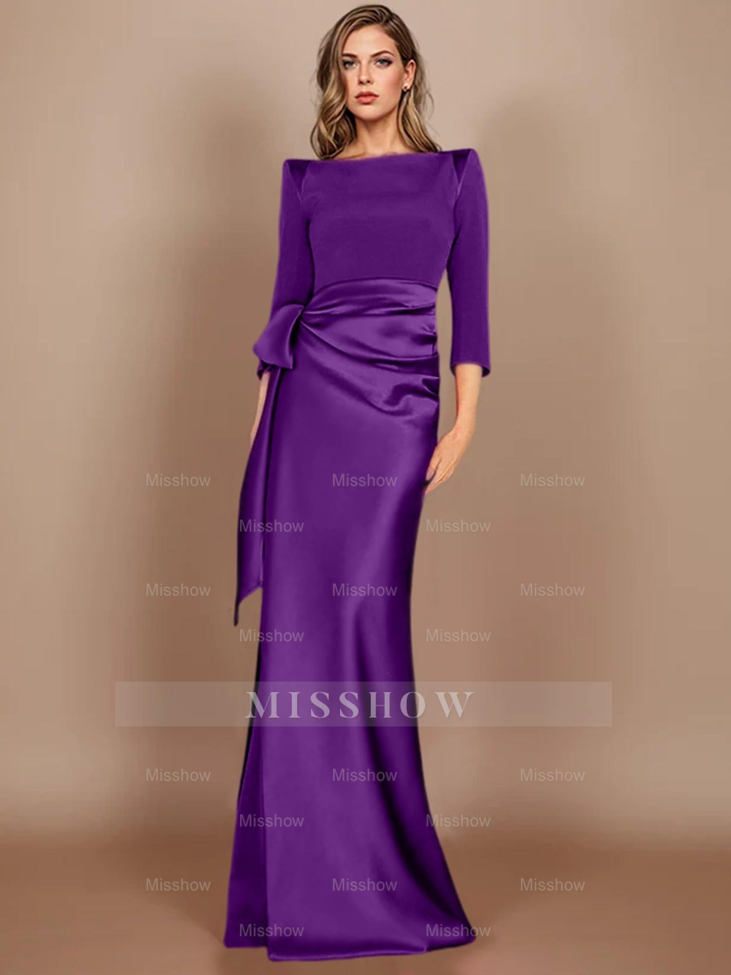 Floor-Length Mother of the Bride Dress with Bow and 3/4 Sleeves in Sheath/Column Style