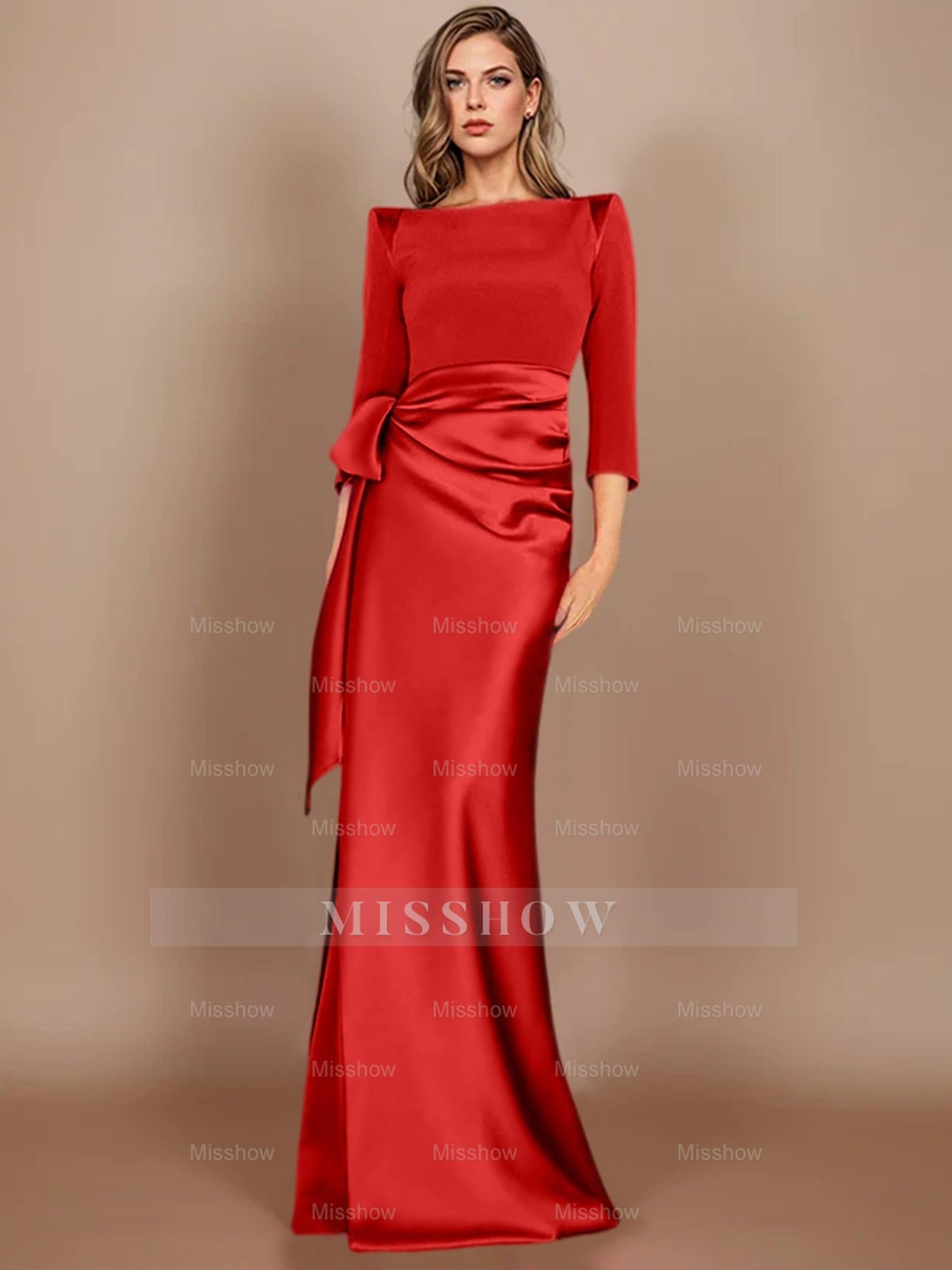 Floor-Length Mother of the Bride Dress with Bow and 3/4 Sleeves in Sheath/Column Style