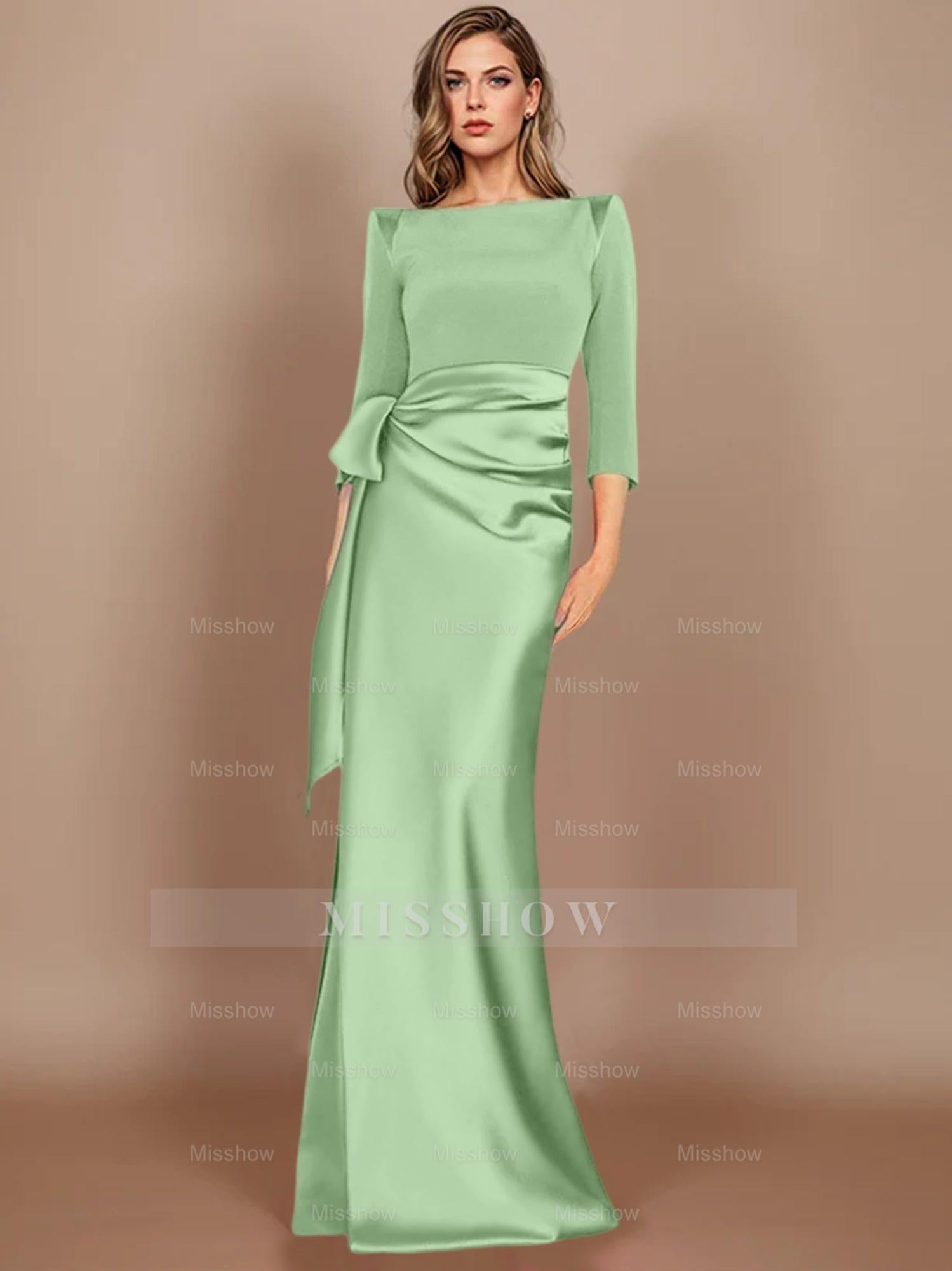Floor-Length Mother of the Bride Dress with Bow and 3/4 Sleeves in Sheath/Column Style