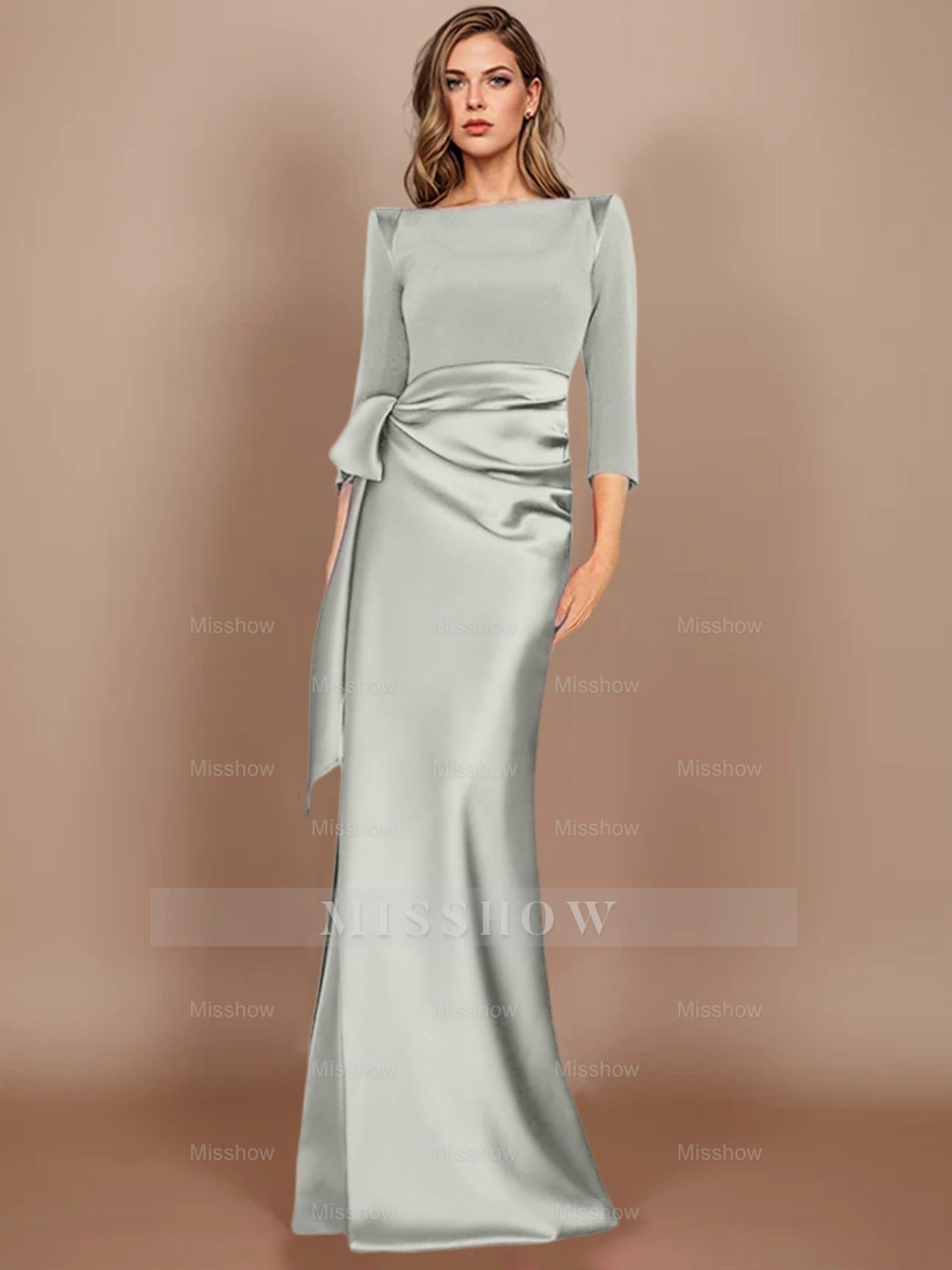 Floor-Length Mother of the Bride Dress with Bow and 3/4 Sleeves in Sheath/Column Style