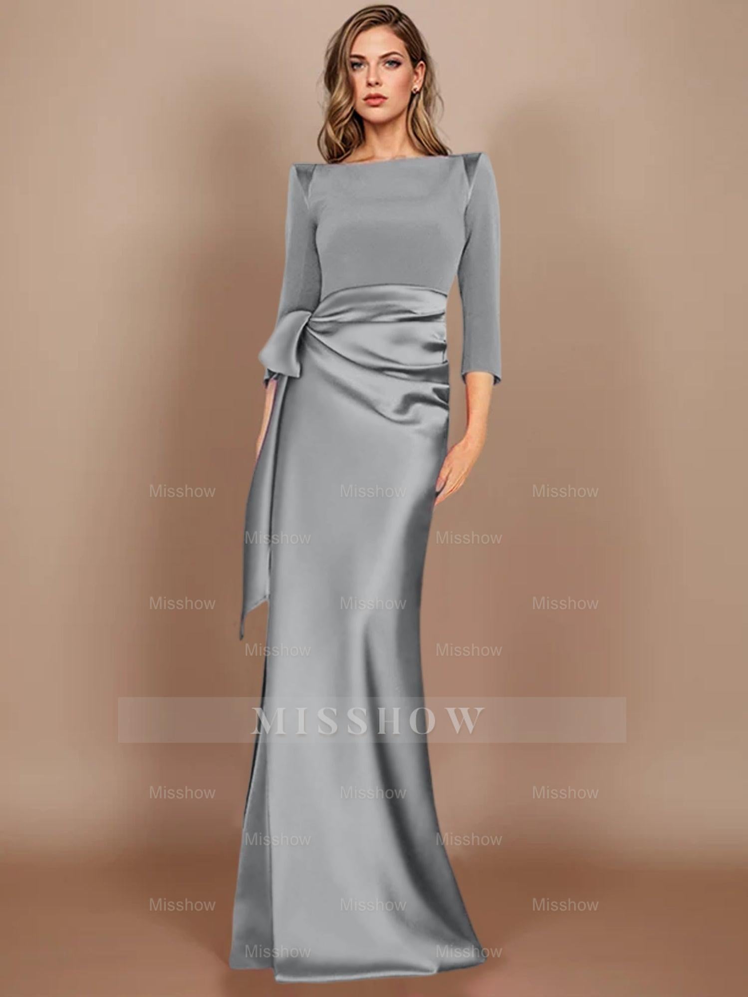 Floor-Length Mother of the Bride Dress with Bow and 3/4 Sleeves in Sheath/Column Style