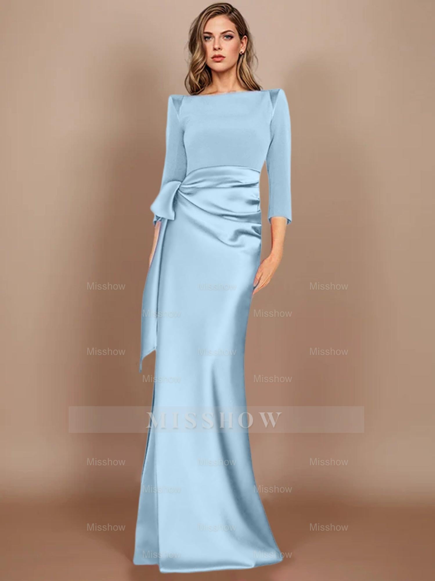 Floor-Length Mother of the Bride Dress with Bow and 3/4 Sleeves in Sheath/Column Style