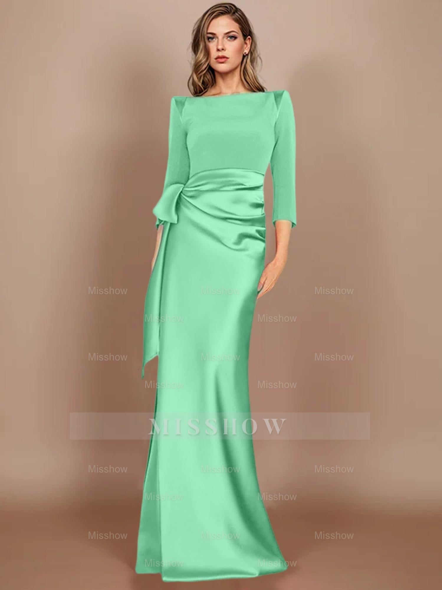 Floor-Length Mother of the Bride Dress with Bow and 3/4 Sleeves in Sheath/Column Style