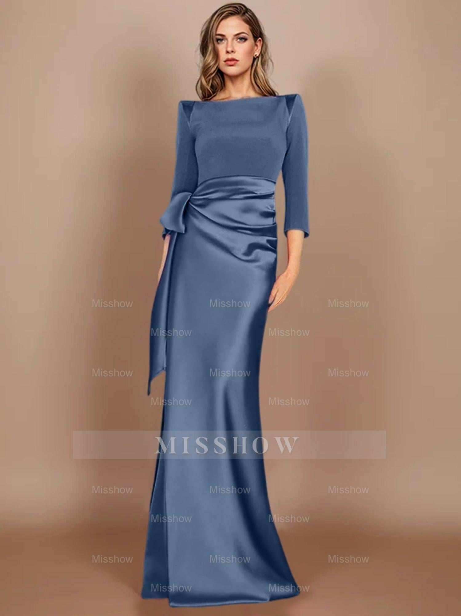 Floor-Length Mother of the Bride Dress with Bow and 3/4 Sleeves in Sheath/Column Style