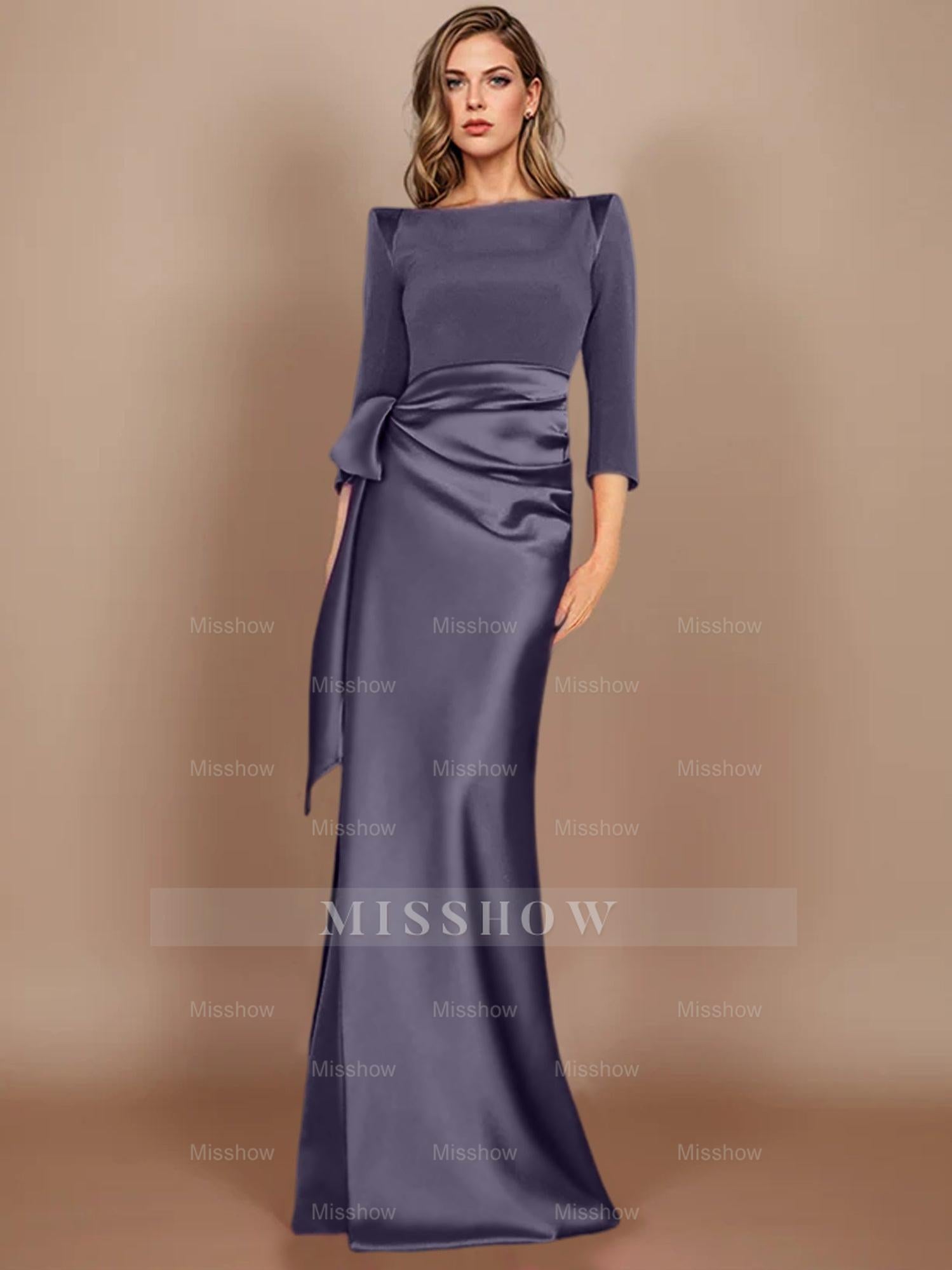 Floor-Length Mother of the Bride Dress with Bow and 3/4 Sleeves in Sheath/Column Style