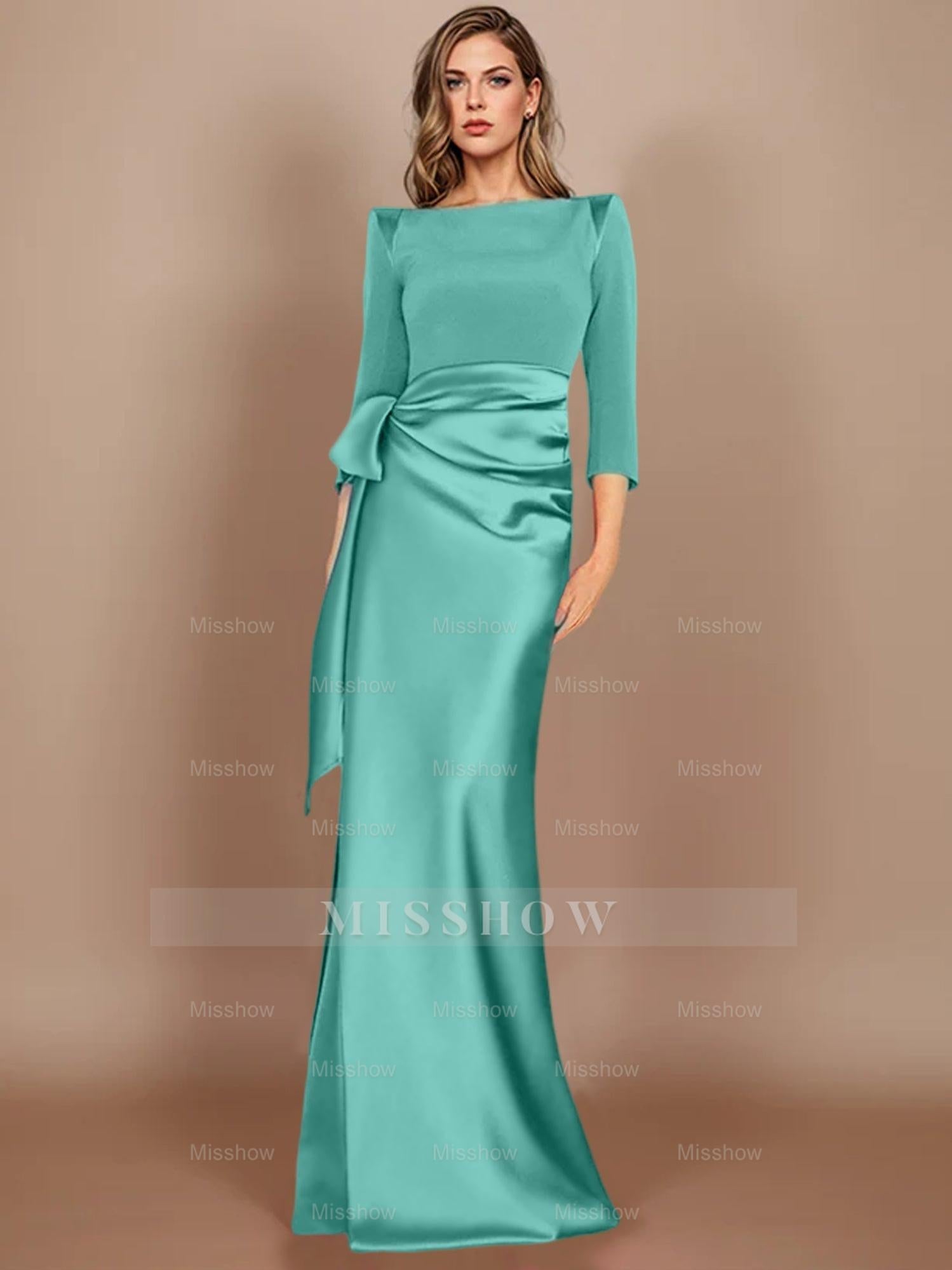 Floor-Length Mother of the Bride Dress with Bow and 3/4 Sleeves in Sheath/Column Style