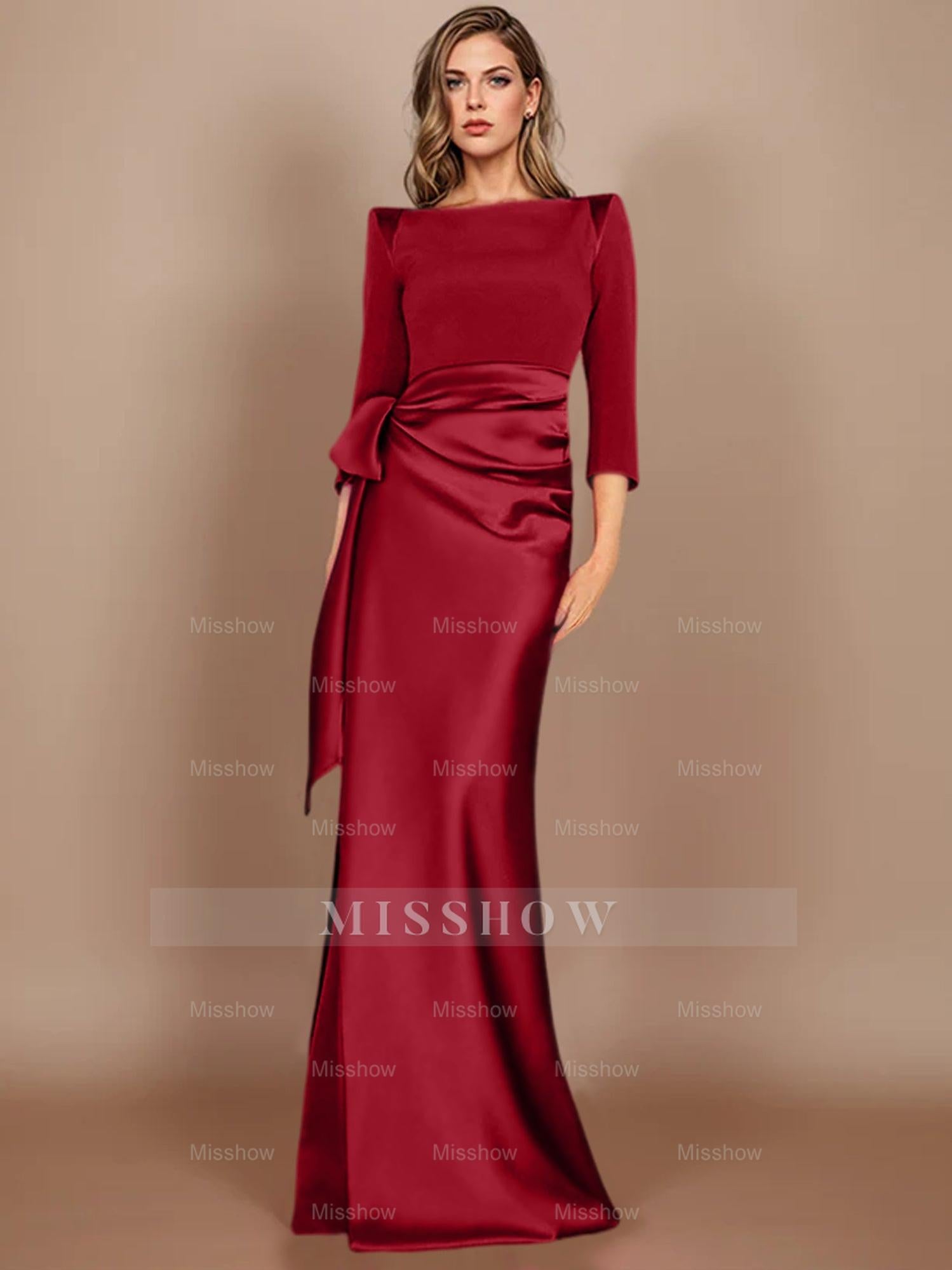 Floor-Length Mother of the Bride Dress with Bow and 3/4 Sleeves in Sheath/Column Style
