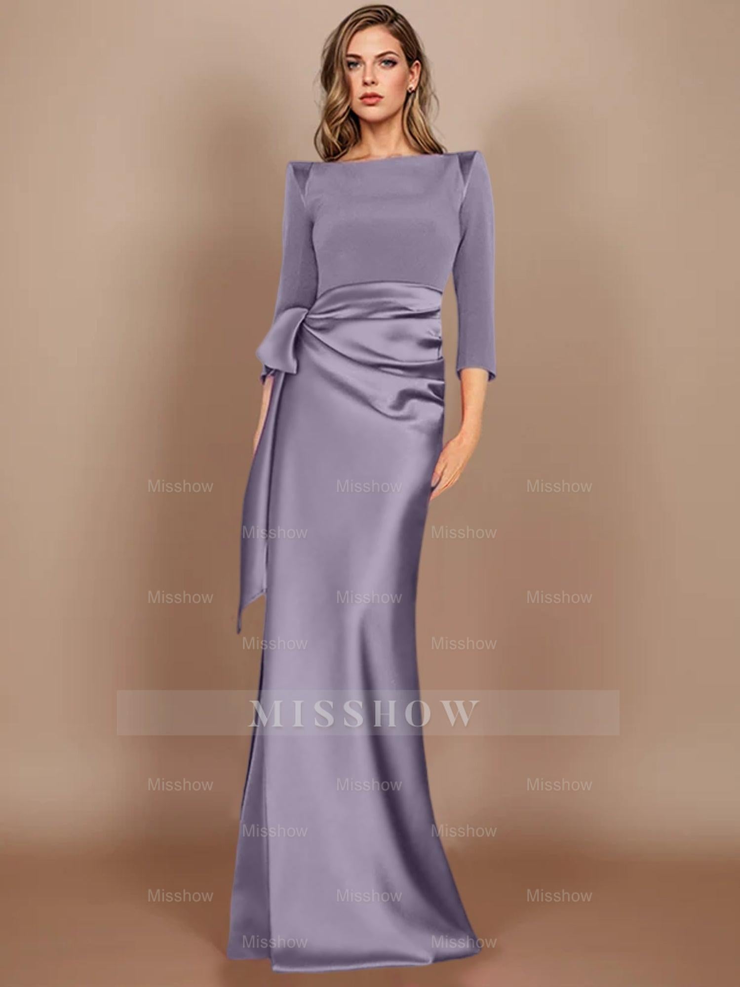 Floor-Length Mother of the Bride Dress with Bow and 3/4 Sleeves in Sheath/Column Style