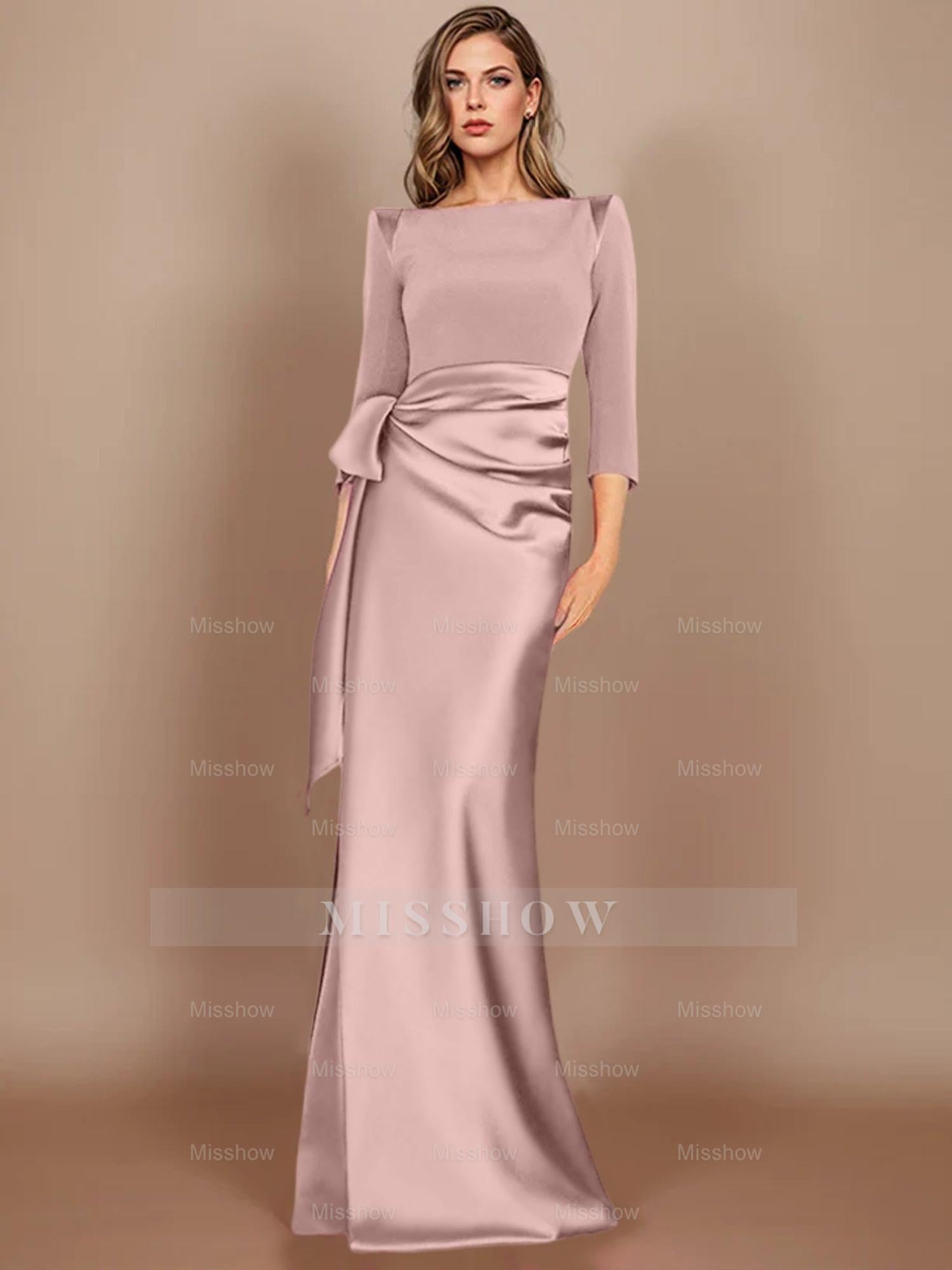 Floor-Length Mother of the Bride Dress with Bow and 3/4 Sleeves in Sheath/Column Style