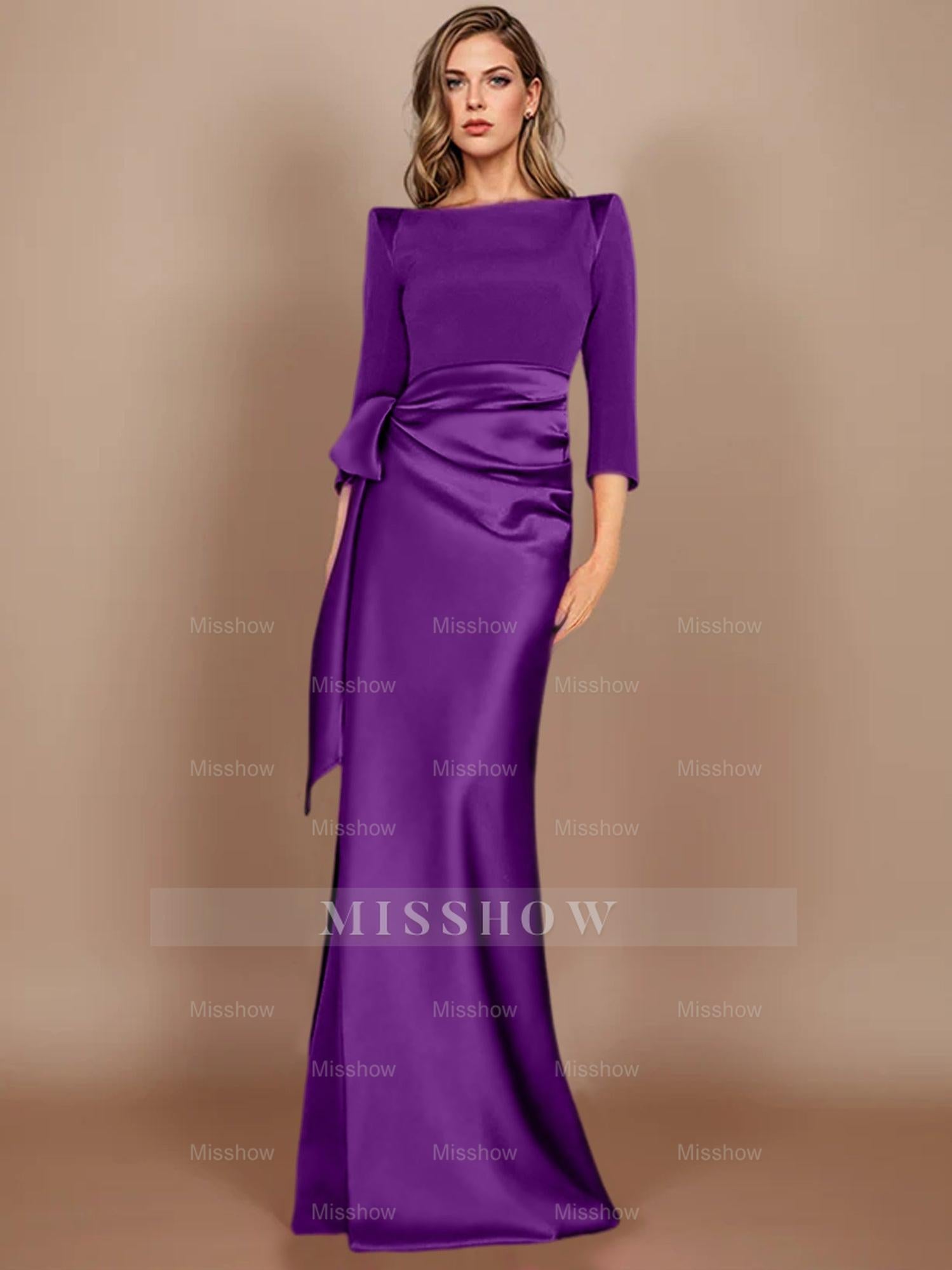 Floor-Length Mother of the Bride Dress with Bow and 3/4 Sleeves in Sheath/Column Style