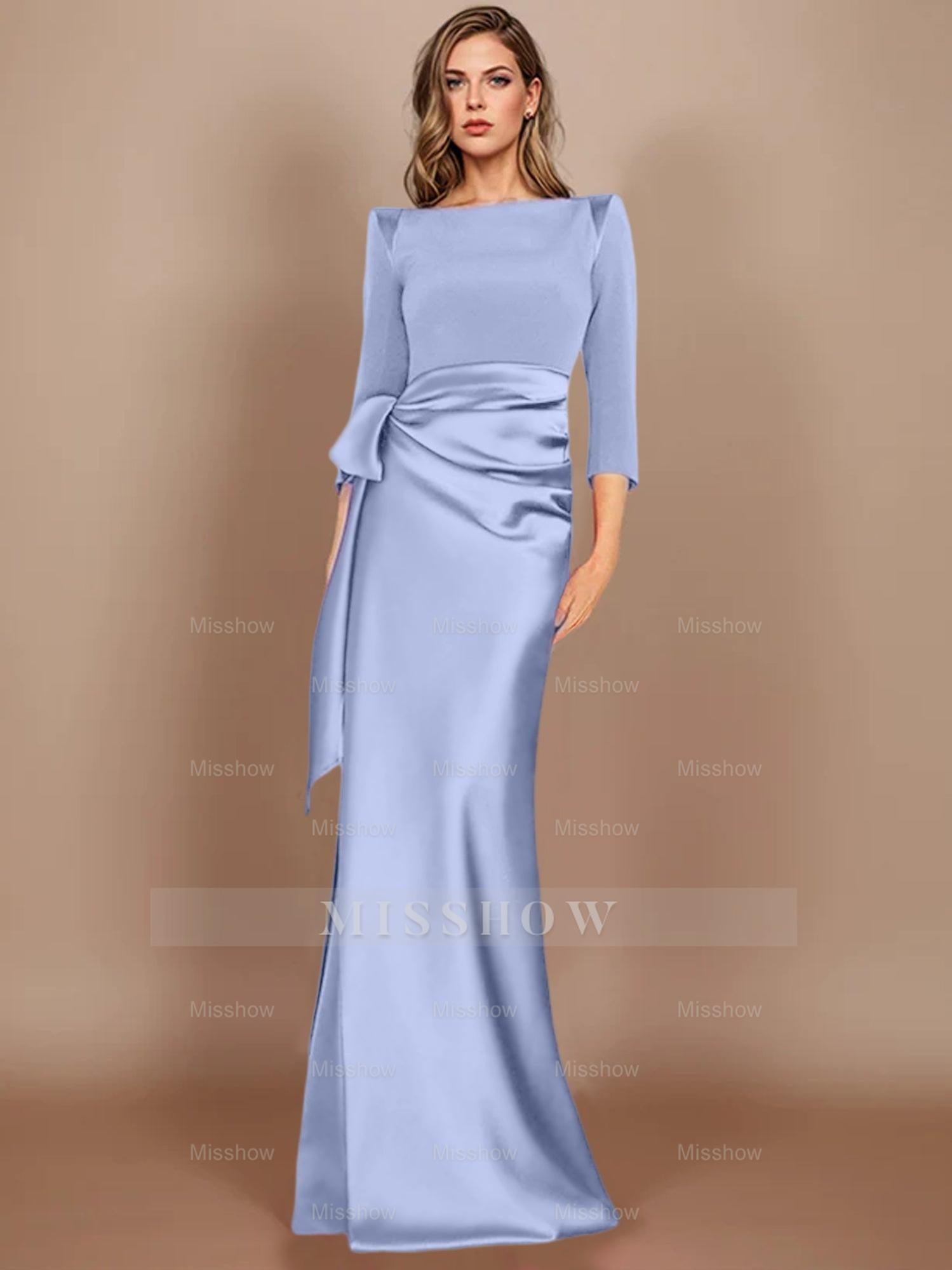 Floor-Length Mother of the Bride Dress with Bow and 3/4 Sleeves in Sheath/Column Style