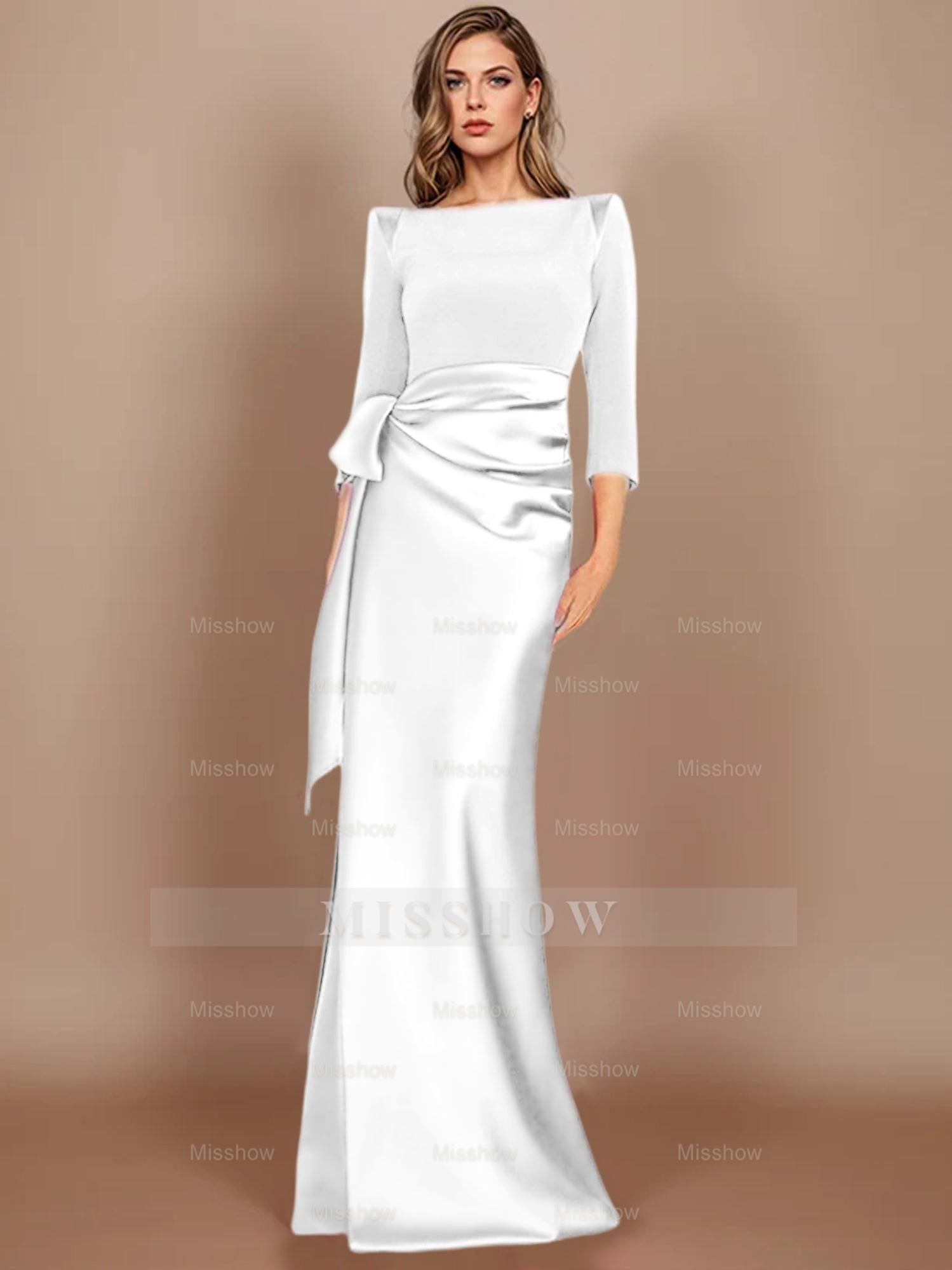 Floor-Length Mother of the Bride Dress with Bow and 3/4 Sleeves in Sheath/Column Style