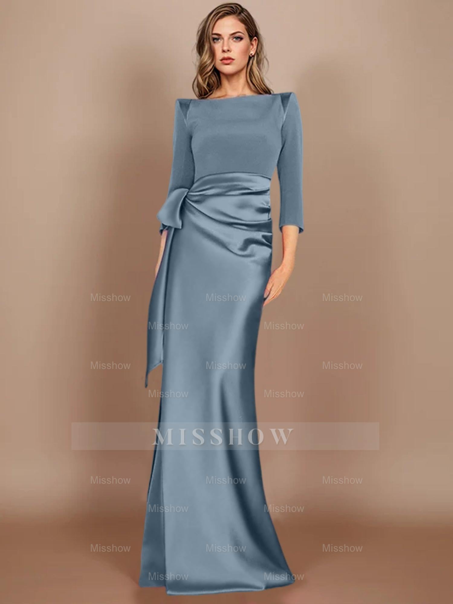 Floor-Length Mother of the Bride Dress with Bow and 3/4 Sleeves in Sheath/Column Style