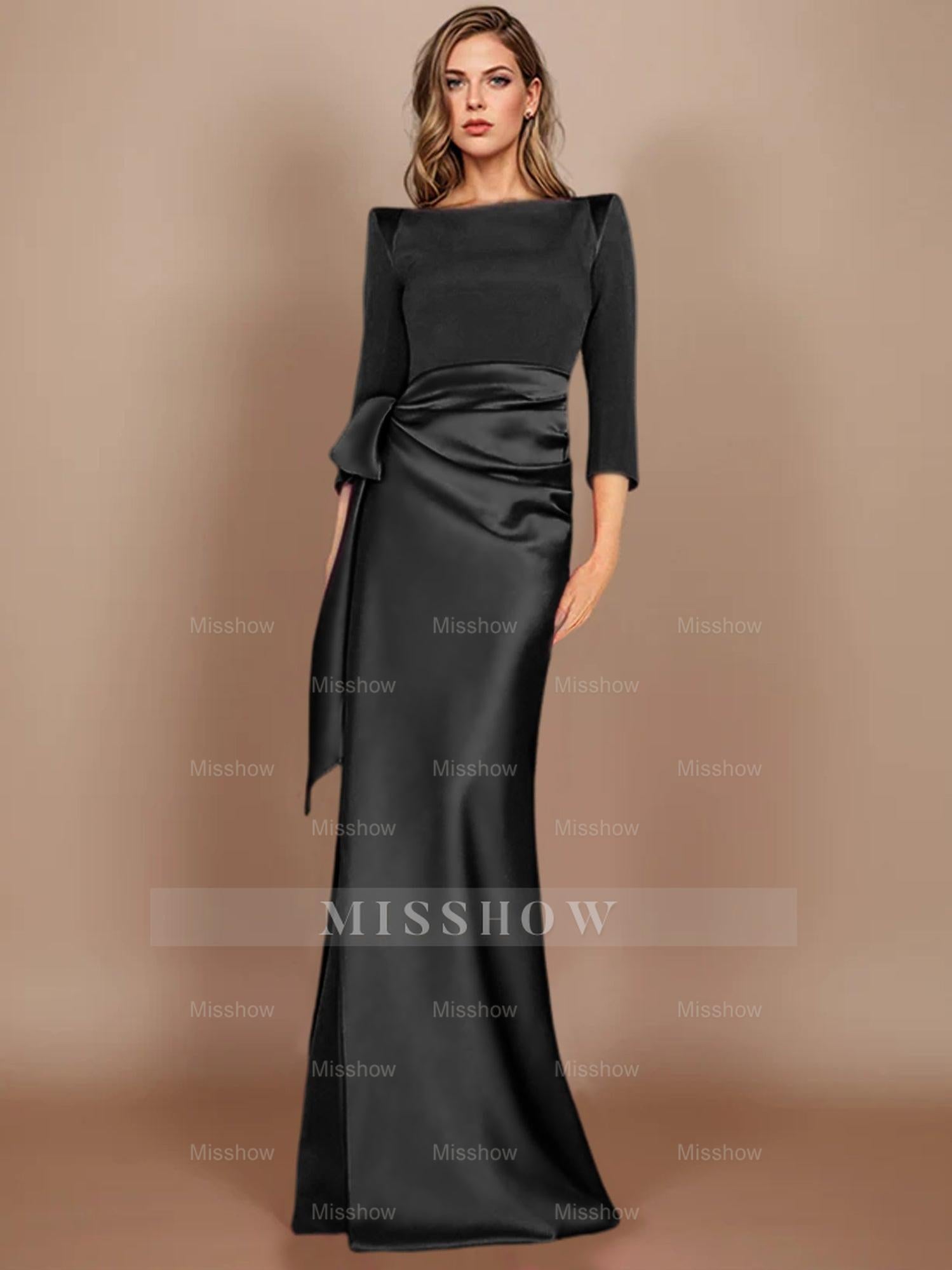 Floor-Length Mother of the Bride Dress with Bow and 3/4 Sleeves in Sheath/Column Style