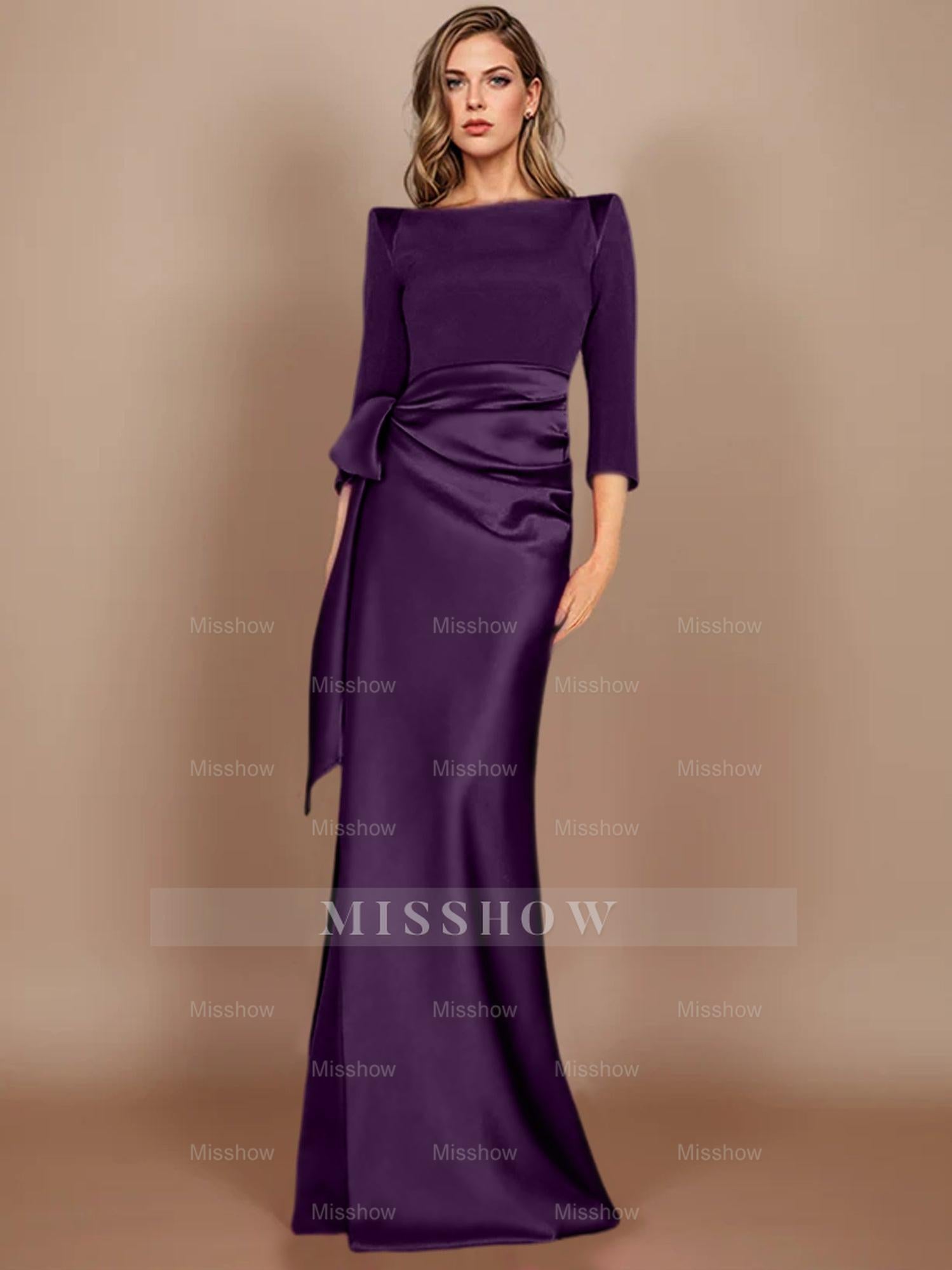 Floor-Length Mother of the Bride Dress with Bow and 3/4 Sleeves in Sheath/Column Style
