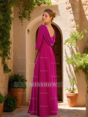 Floor-Length Mother of the Bride Dress with Cowl Neck 3/4 Sleeves Tulle Sash Slit & Jewel Appliques