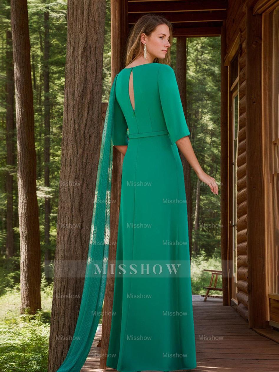 Floor-Length Mother of the Bride Dress with Floral Applique & Dotted Tulle Draping 1/2 Sleeves Sheath/Column Neckline