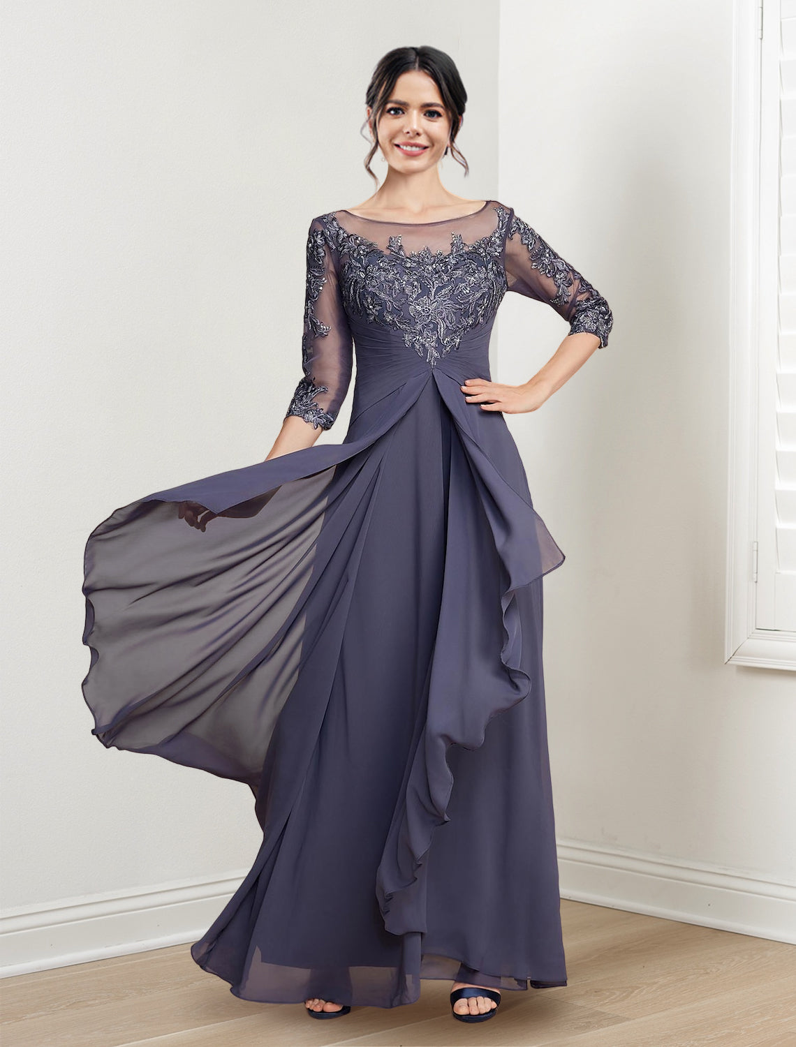 Floor-Length Mother of the Bride Dresses with A-Line and Princess Scoop Necklines