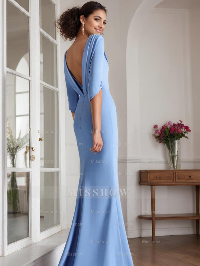 Floor-Length Mother of the Bride & Groom Dresses with Rhinestone Sheath/Column Scoop and 1/2 Length Sleeves