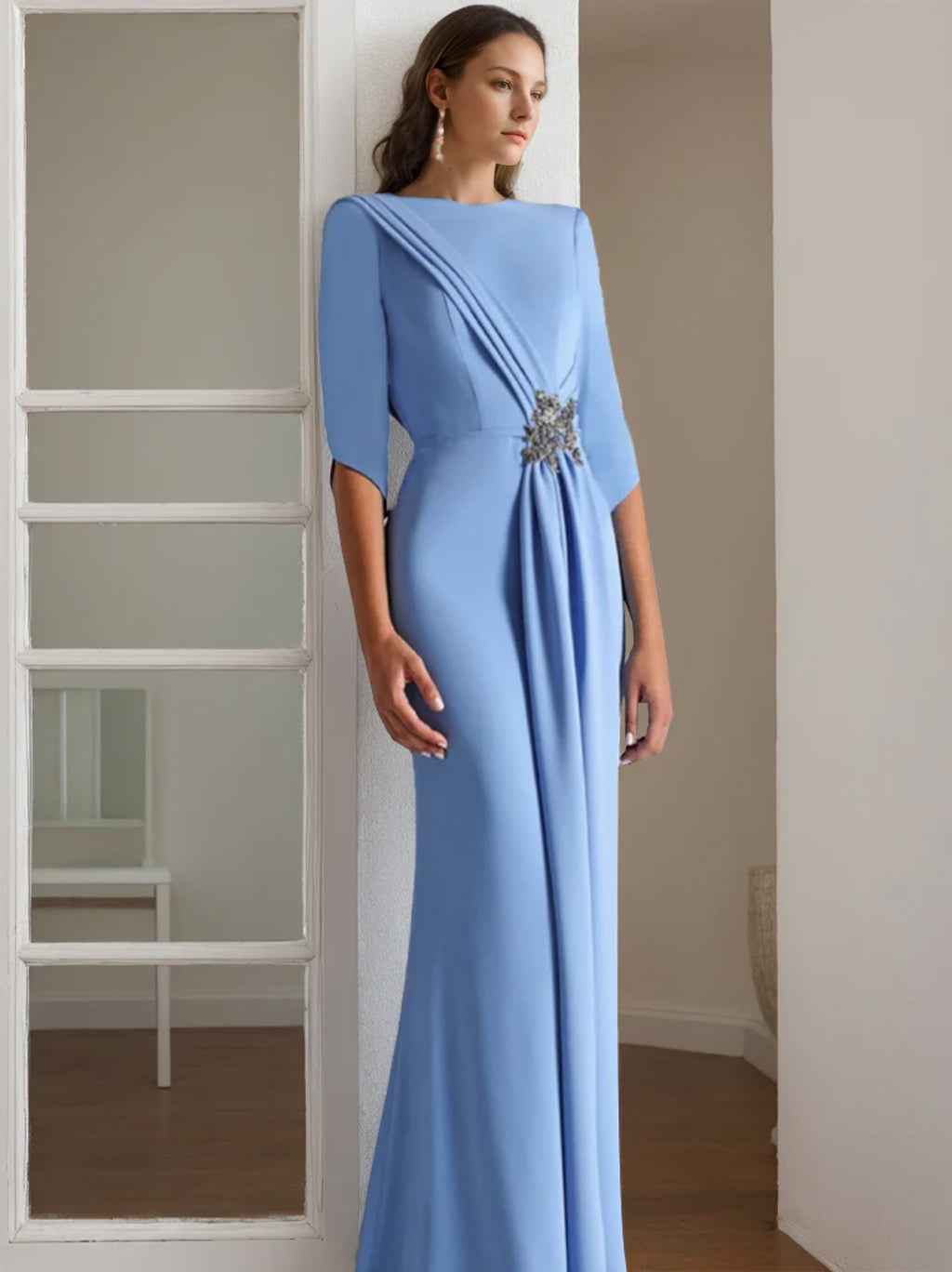 Floor-Length Mother of the Bride & Groom Dresses with Rhinestone Sheath/Column Scoop and 1/2 Length Sleeves