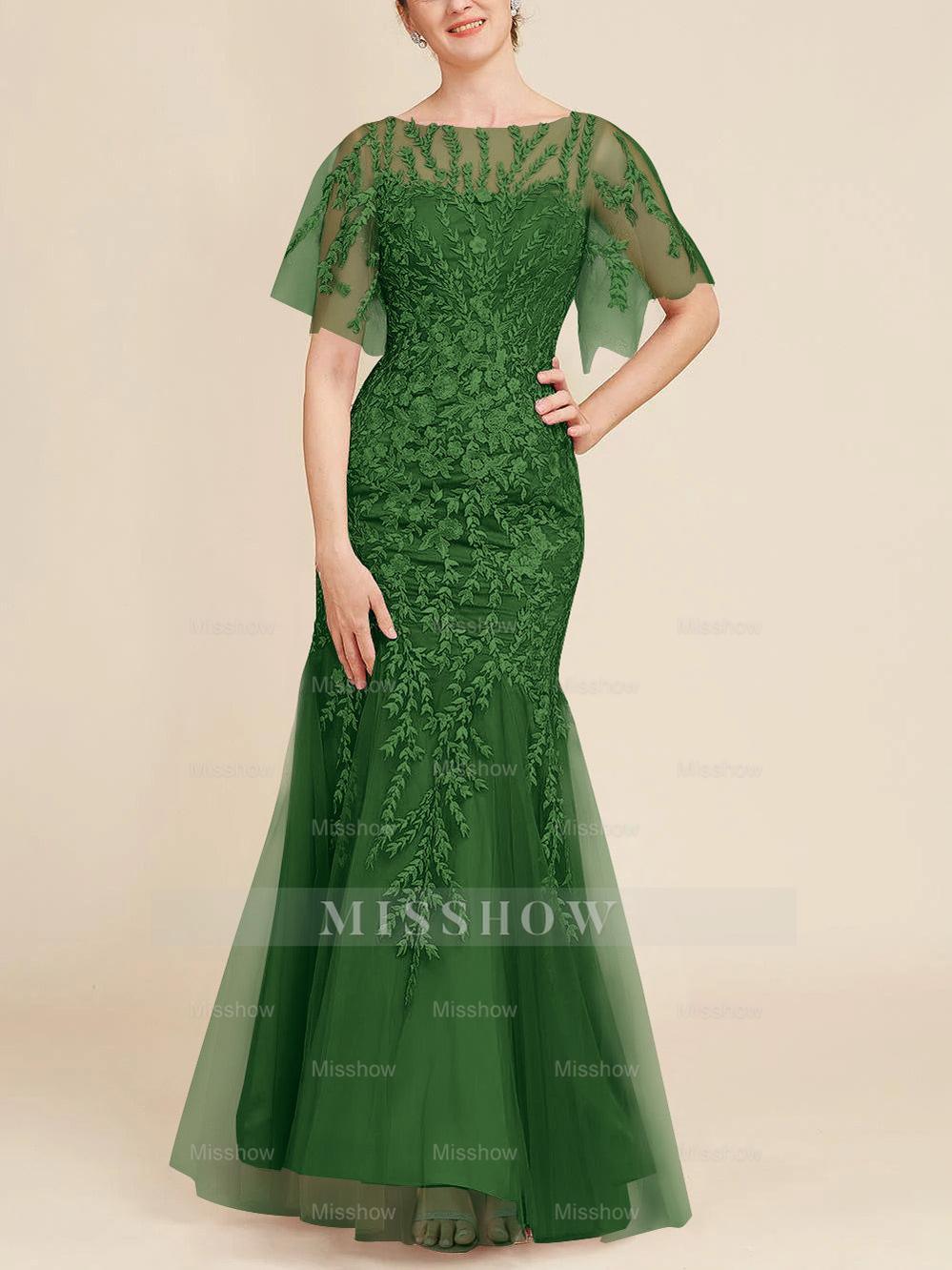Floor-Length Mother of the Bride Lace Dresses with Trumpet/Mermaid Scoop Half Sleeves
