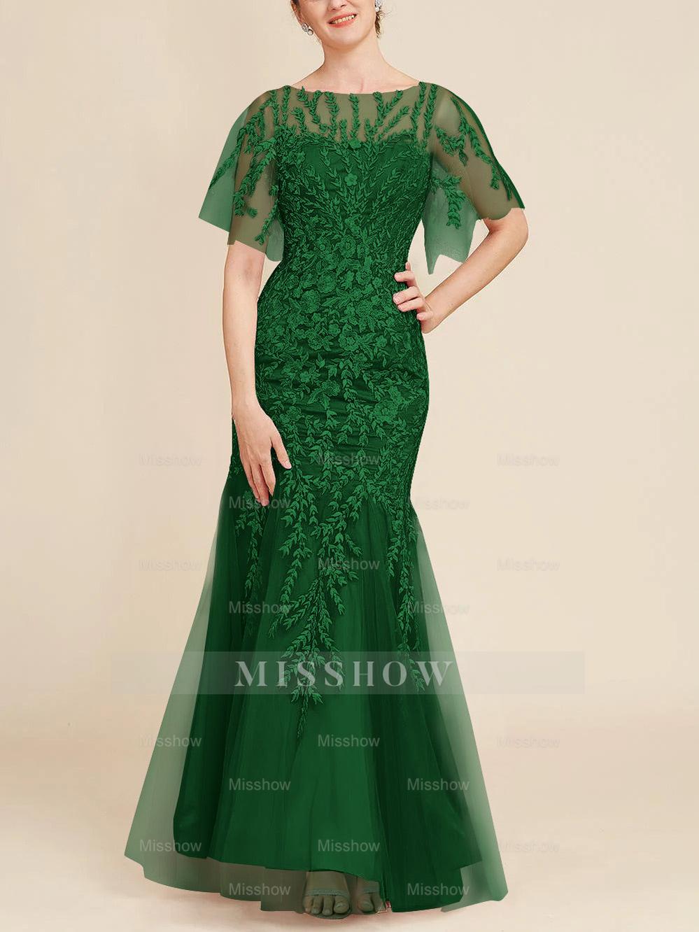 Floor-Length Mother of the Bride Lace Dresses with Trumpet/Mermaid Scoop Half Sleeves