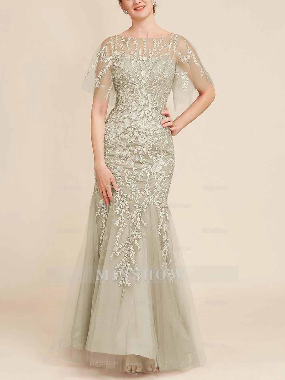 Floor-Length Mother of the Bride Lace Dresses with Trumpet/Mermaid Scoop Half Sleeves