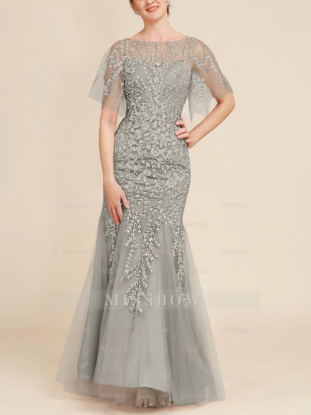 Floor-Length Mother of the Bride Lace Dresses with Trumpet/Mermaid Scoop Half Sleeves