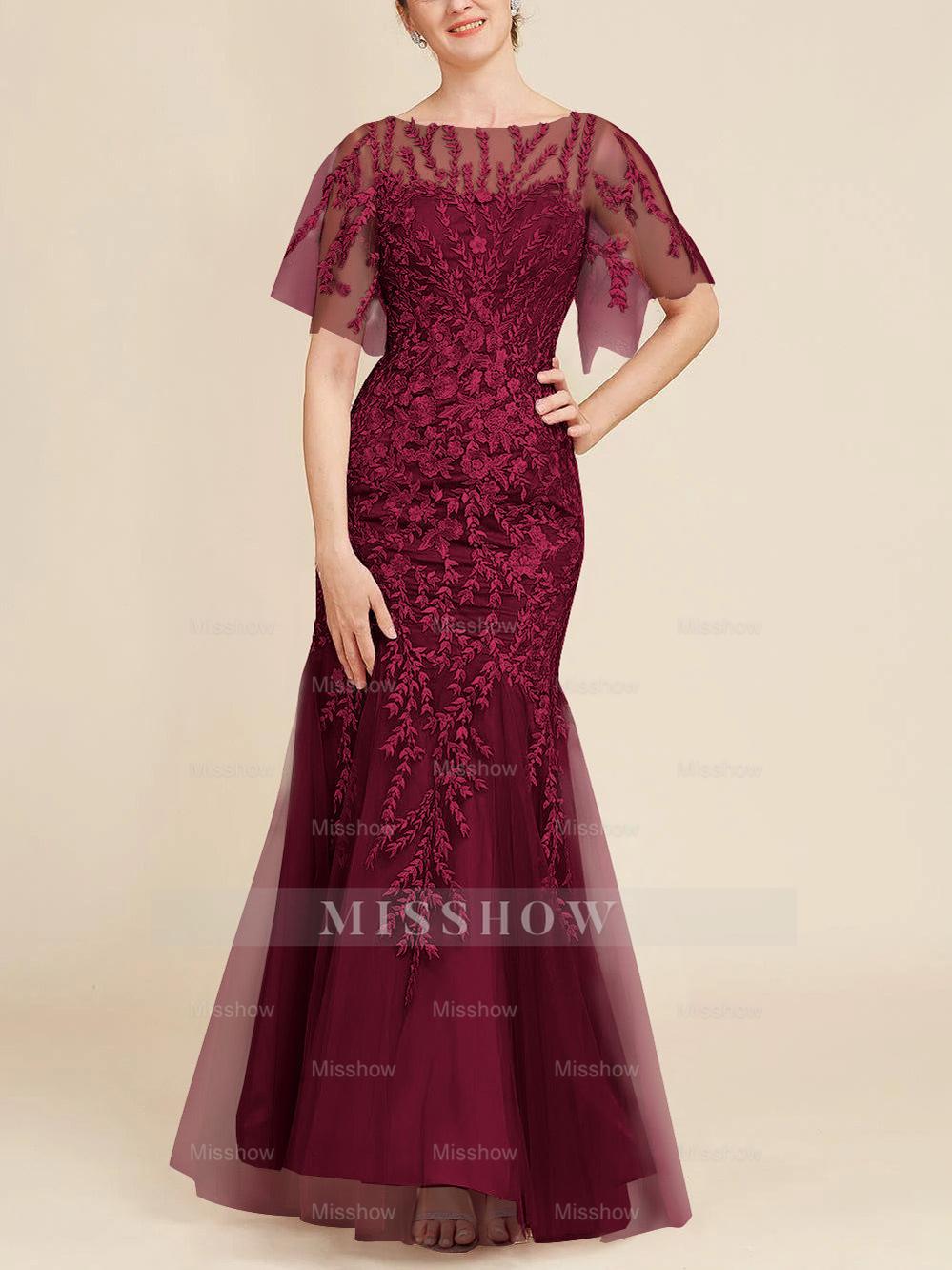 Floor-Length Mother of the Bride Lace Dresses with Trumpet/Mermaid Scoop Half Sleeves