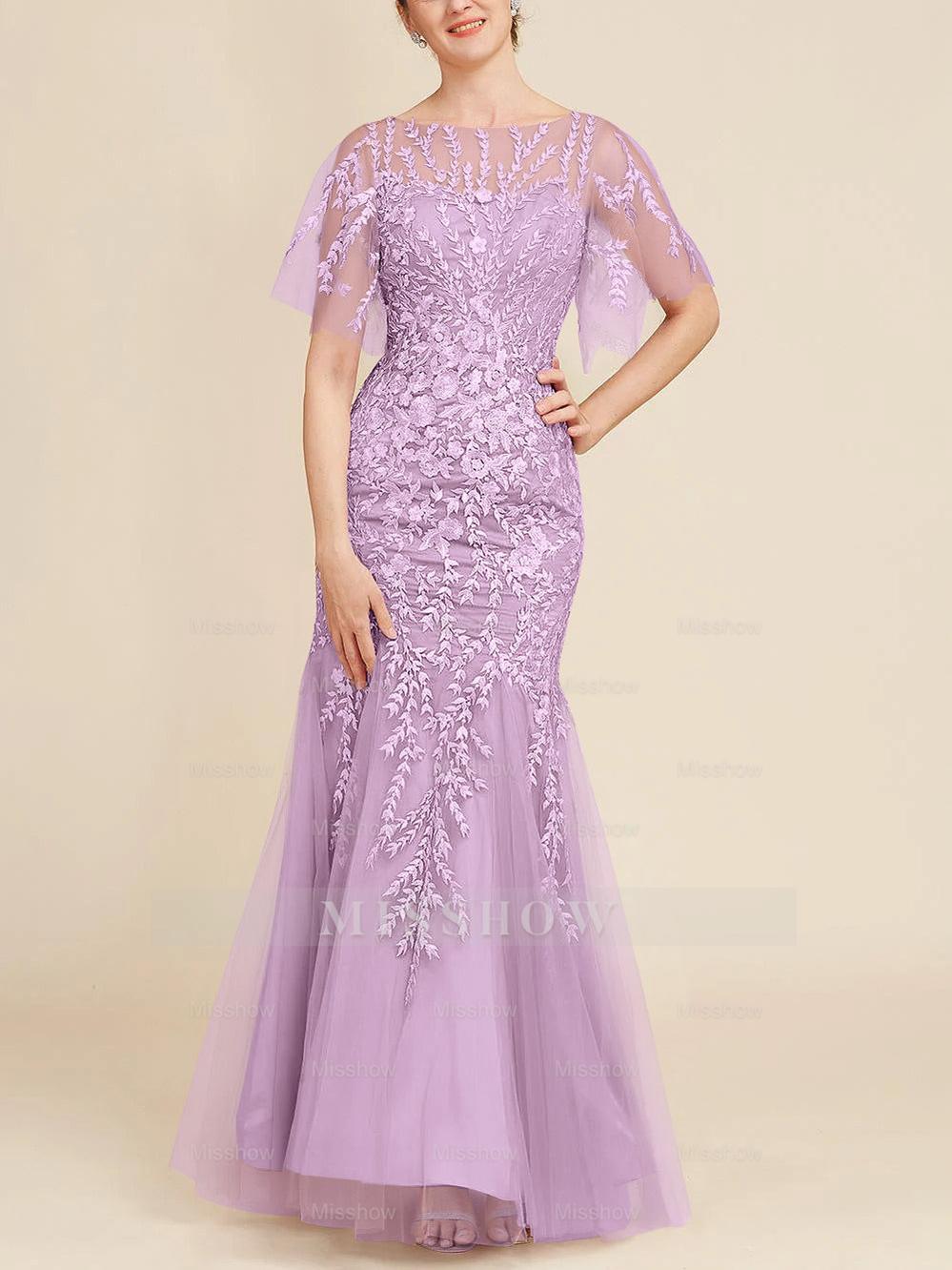Floor-Length Mother of the Bride Lace Dresses with Trumpet/Mermaid Scoop Half Sleeves
