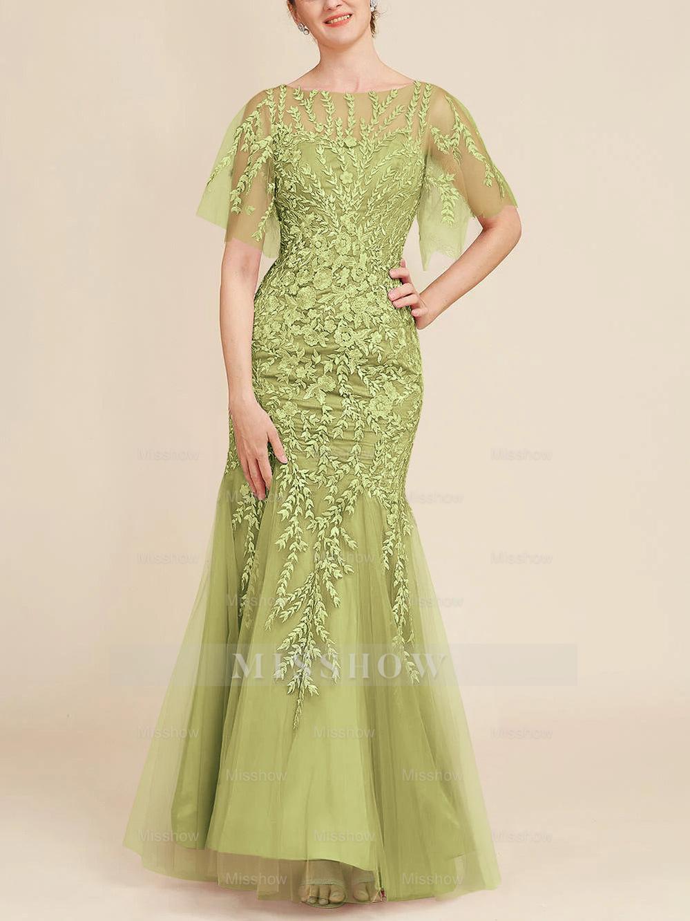 Floor-Length Mother of the Bride Lace Dresses with Trumpet/Mermaid Scoop Half Sleeves