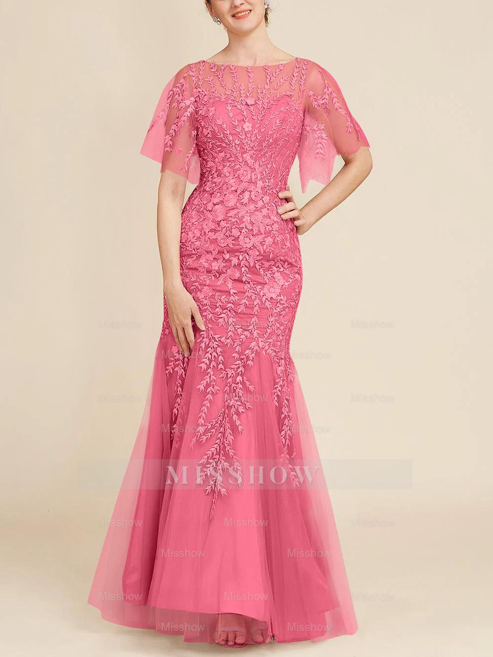 Floor-Length Mother of the Bride Lace Dresses with Trumpet/Mermaid Scoop Half Sleeves
